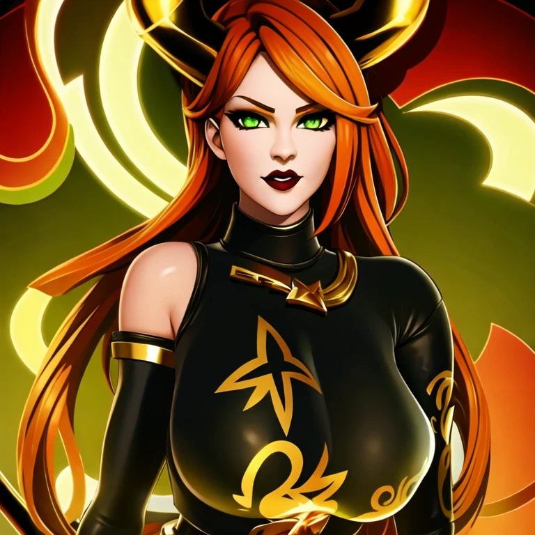 (masterpiece, best quality:1.2), 1girl, solo, Haze Style Masterpiece 1.2, best quality), Realistic, beautiful face, (real image, intricate details, depth of field), (1 girl, alone only), composition, parted lips, highly detailed, perfect, voluptuous face, athletic body of girl, muscles, huge breasts, big ass, curves
(Huge breasts: 1.4), ultra detailed green eyes and face, sexy girl, black pants, black leather boots, black blouse with gold details with gold shamrock symbol on top, orange hair, gold tattoo on left arm only, golden horns ultra detailed green eyes