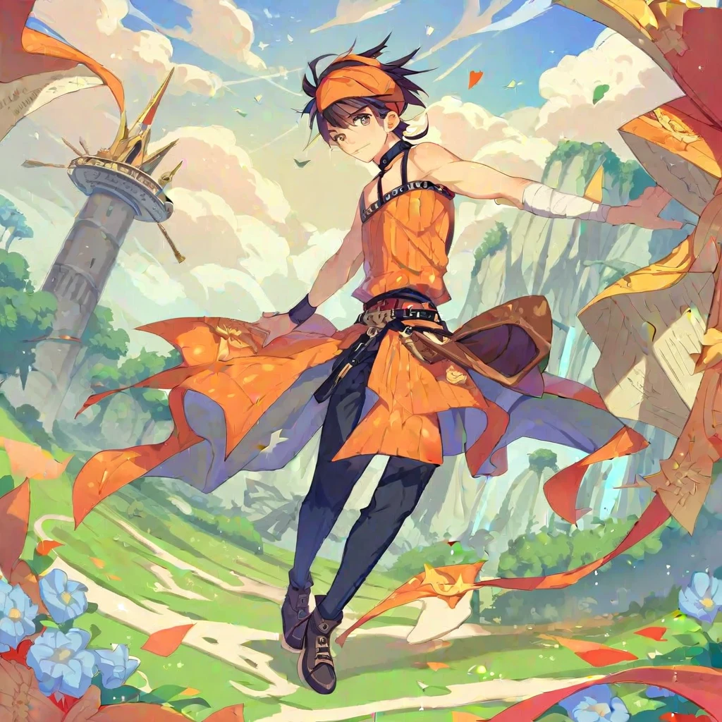 score_9, score_8_up, score_7_up, score_6_up, score_5_up, score_4_up, source_anime, rating_safe, narancia, headband, choker, clothed, full body, belt, (masterpiece, best quality:1.2), 1boy, solo,