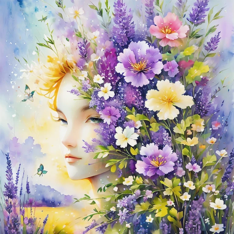(masterpiece, best quality:1.2), Watercolor flower paintings present a delicate and refreshing visual effect. Wildflowers and lavender fields form a perfect combination of nature and romance. The screen mainly features a white background, highlighting the isolated watercolor flowers. The Splash technique reproduces the damp environment, creating a blurry and dreamy atmosphere. Unique composition and abstract expressions add artistic sensibility to the pictures, containing surrealistic elements. The overall color tone is mainly light, with light purple and green complementing each other, displaying high-resolution details. The splashing effect adds a sense of agility to the picture, and the light colors endow the flowers with a profound and restrained beauty.