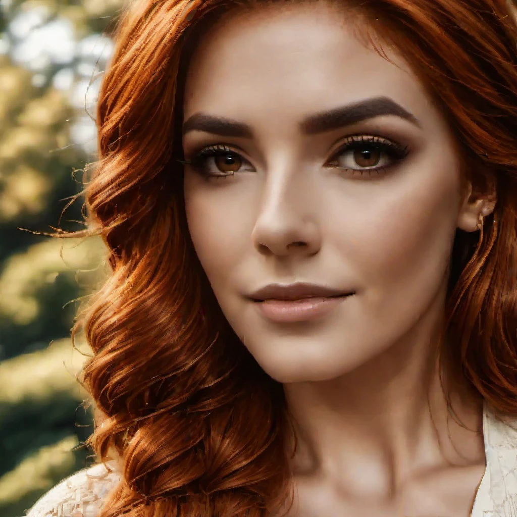 beautiful, mature woman, brown eyes, downturned eye shape, high cheekbones, strong eyebrows, curvy, copper red hair, perfect composition, ultrahigh detail, UHD, 8k wallpaper,