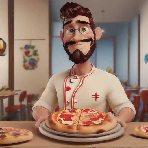 Arte estilo Pixar 3D com Pizzaiolo jovem, com 50 anos,  com cabelos grisalhos levemente penteado de lado, sem brinco, barba curta sem bigode, braço tatuado até o punho, com imagem desfocada de um forno de pizza ao fundo, segurando um bloco de anotações com uma pizza napolitana na mesa na sua frente

