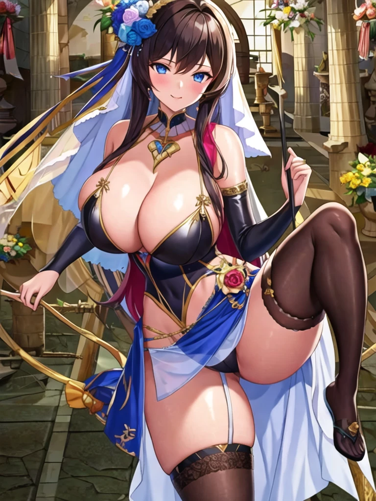 (masterpiece, best quality:1.2), 1girl, solo, black stockings, bridal gauntlets, black wedding dress