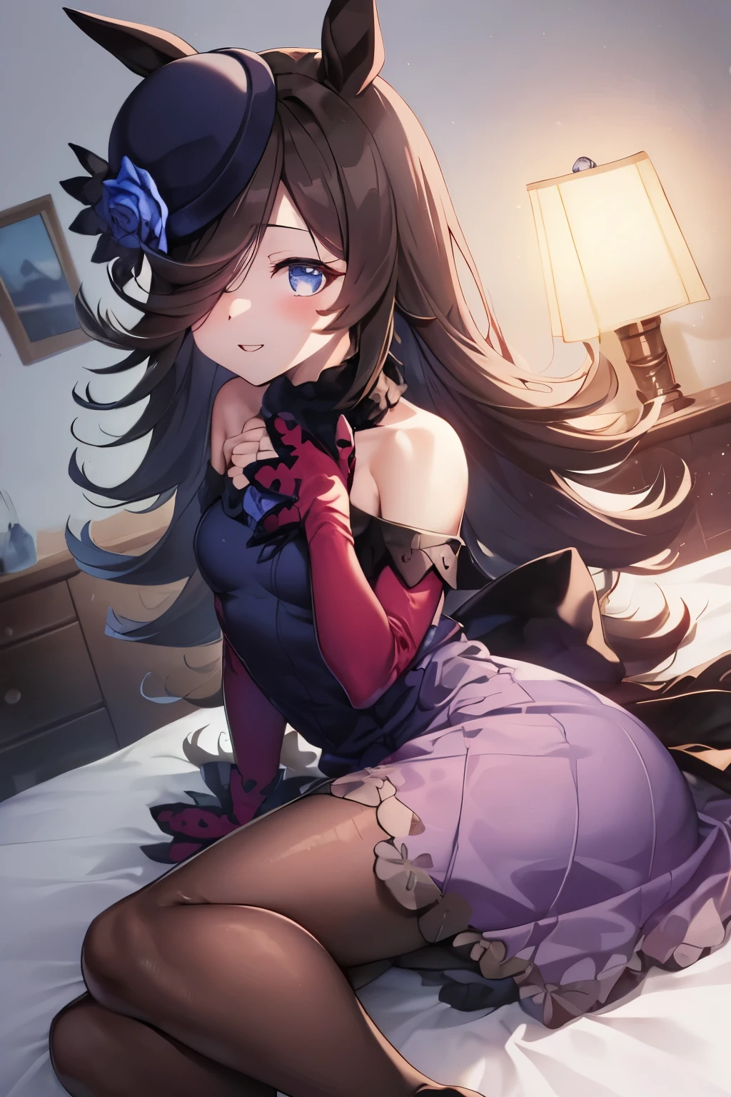 ​masterpiece, Best Quality，top-quality，{{{RiceShower/Umamusume}}}，{{very long hair of black color,}}，{{{Purple hat}}}，{{Blue roses}}，{{{horse ear}}}，Purple eyes，Look at viewers，red blush，smil，a closed mouth，lipsticks，{{{Very small breasts}}}，{{{Kimono with open chest}}}，Black kimono，no-bra，{{{Purple luxury kimono}}}，{{{Pictures of the Dark}}}，{{{lantern}}}，Great backlight，open the legs widely，{{{Hide your hands behind your body}}}，{{{Bold M-shaped legs}}}，{{{laying on back}}}，{{{Tatami Japanese-style room}}}}，Crotch focus