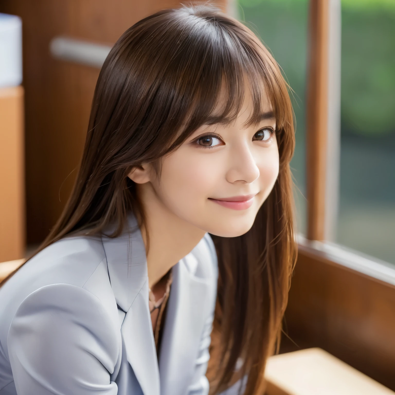 8k RAW photo,highest quality, highest quality:1.1, masterpiece:1.3,Super high resolution, (realistic:1.4), RAW photo, (above the knee:1.5, From the side), natural skin texture:1.1, Realistic eye and face details:1.3, lip whole,(background is blurry:1.4), (in a suite), 1 japanese girl, cute, (alone:1.6), (shy smile), (dark brown eyes), smooth skin, (brown medium hair,bangs), (touch hair:1.4),Nogizaka,office of,business suit