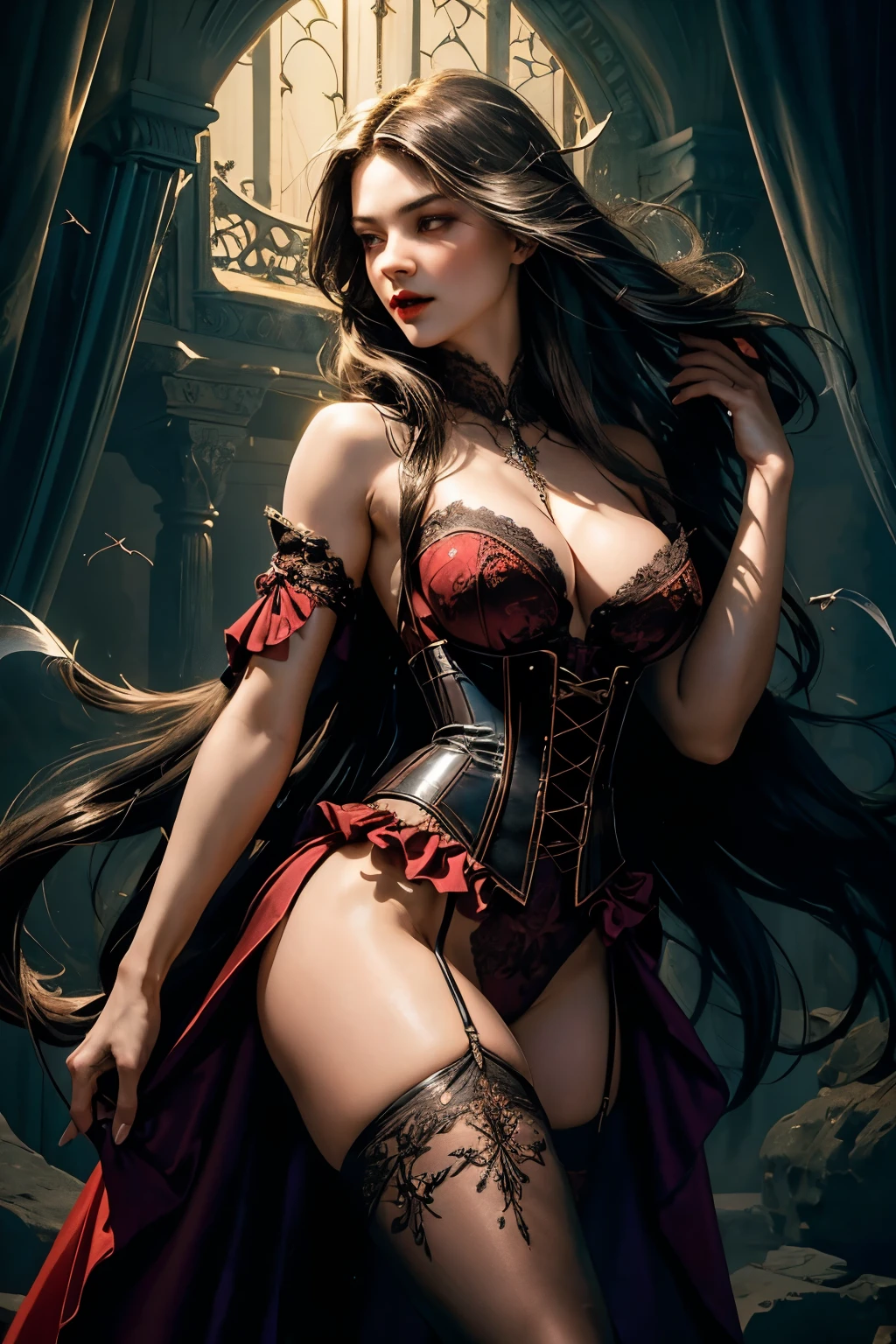 (beautiful painting of a perfect female vampire with a slender figure and large breasts), exuding an air of ethereal allure, her long hair flowing shapelessly around her, each strand meticulously rendered in intricate details, (wearing an extremely baroque vampire corset), the intricate lace patterns and beading shimmering in the deep dark shadows, precision cut and finely detailed,
(capture of a cowboy-style pose), one leg crossed over the other, a provocative and dynamic stance, her perfect features accentuated by the strong cinematic lighting, the smooth surface of her skin radiating a supernatural glow, her gaze seductively fixed