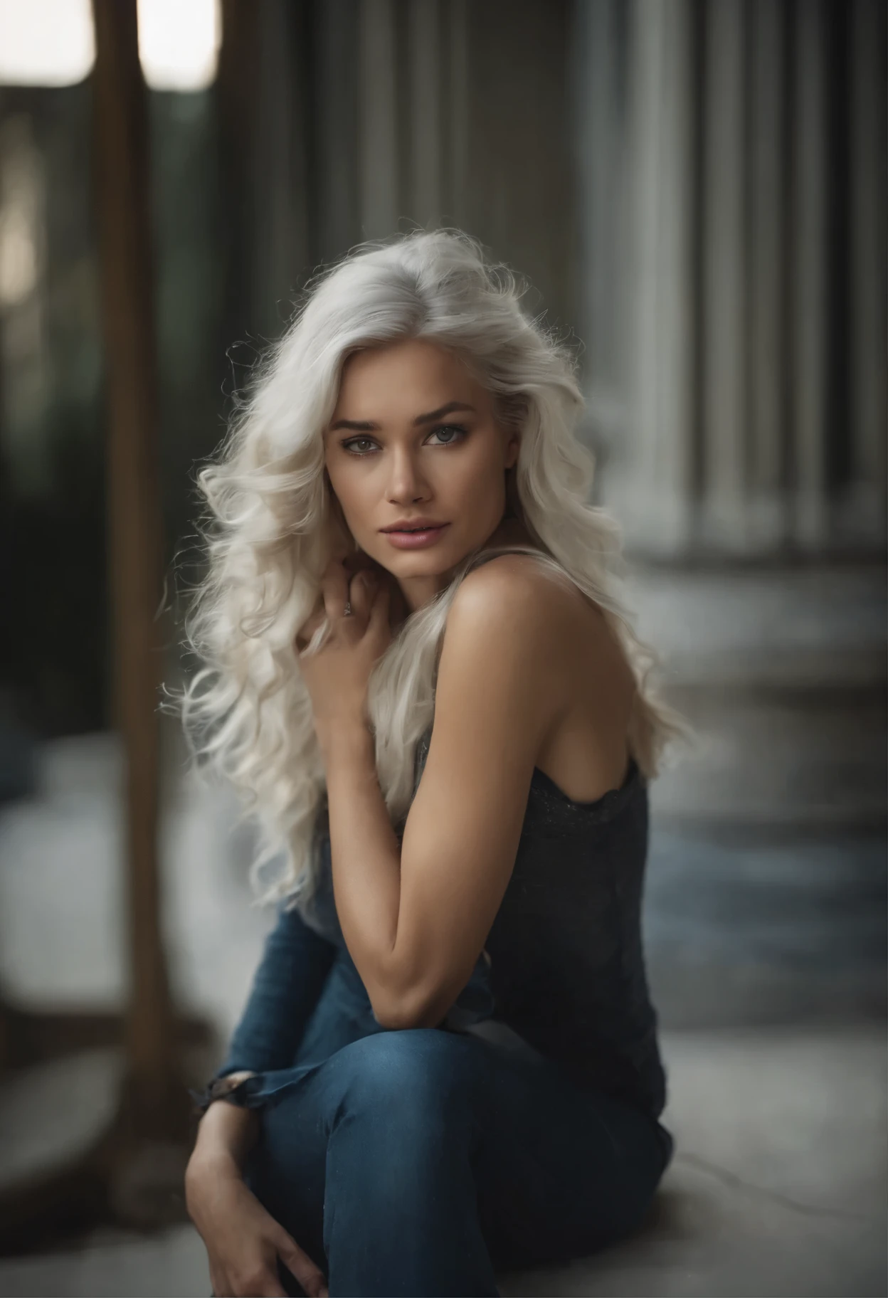 1girls, Long white hair, blaue Augen, offenes rotkariertes Hemd, zerrissene Blue Jeans, Halskette, hight resolution, ultrascharf, 8K, Meisterwerk, Blick auf den Betrachter