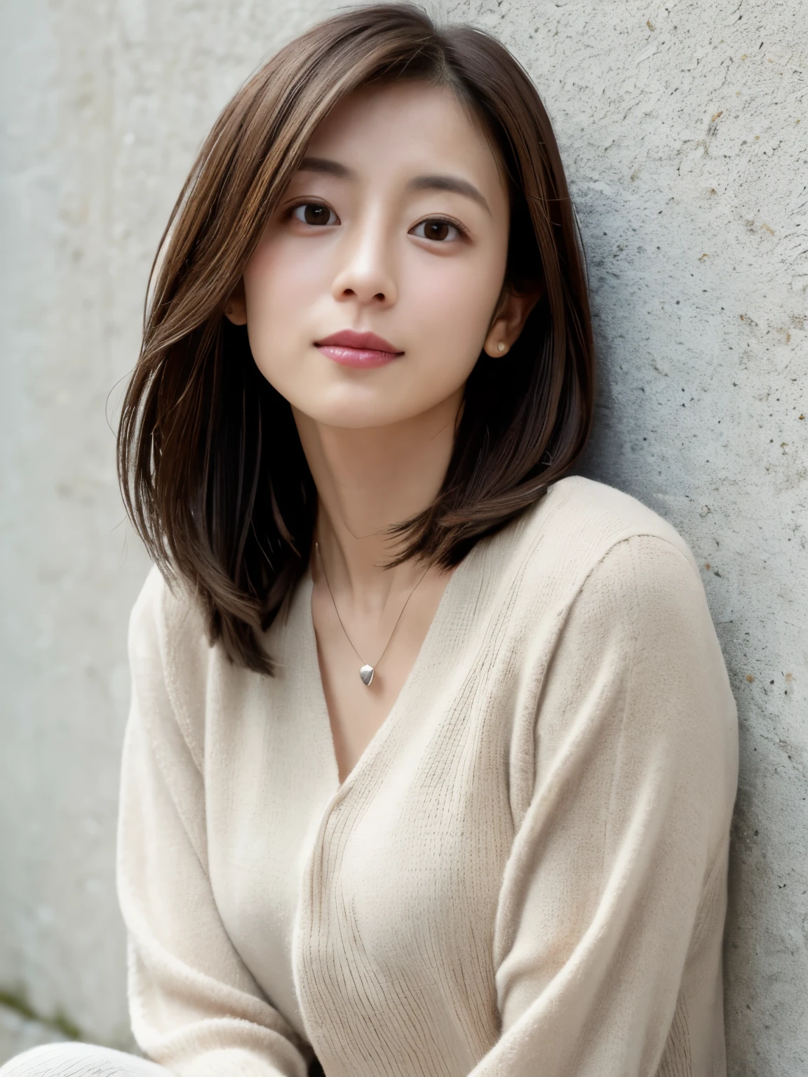 (Highly realistic photos, High resolution, detailed face, fine eyes), Taken in front of a white wall、japanese woman, 40 years old, Variety of facial expressions, alone:1, slim figure, different hairstyles, casual clothes, Alone in a photo、long sleeve dress、Shot in natural light、simple necklace、Spring clothes、Don't look at the camera、profile、Dark brown hair color