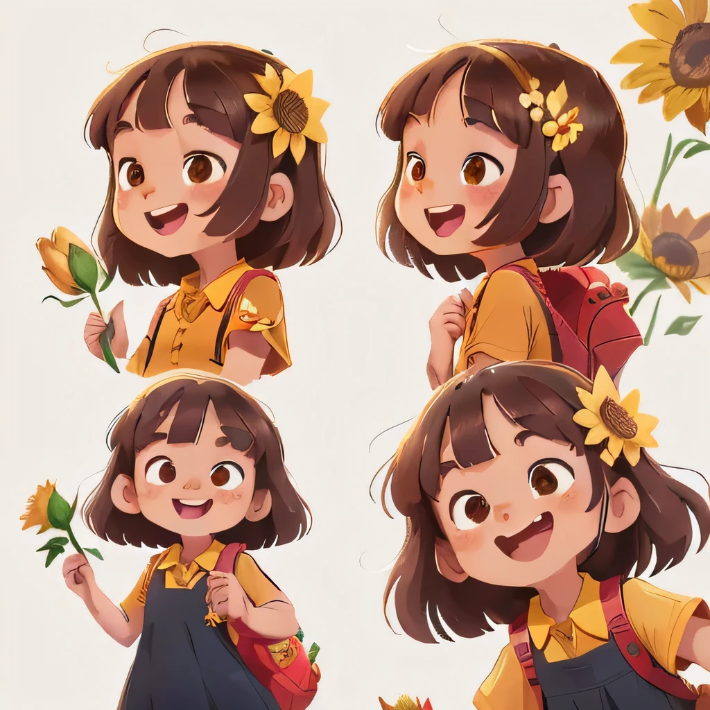 ((character design sheet, same character, front, side, back)), illustration, illustration, landscape, landscape, close-up, perfect quality, has clear focus (master piece: 1.2), different expressions (1.3), various expressions, happy, smiling, cute eyes, anthropomorphic styles, (( holding flowers)), ((flowers in hand)), a 6 year , full body, fair skin, dark brown eyes, ((neck-length brown hair)), ((she is wearing a delicate dark blue dress with no prints underneath her yellow polo shirt dress)), red shoes, yellow socks and a red backpack, she is happy, adventurous, (Bokeh) (best quality) (skin detail: 1.3) (intricate details) (8k) (eye detail) (sharp focus), white background, no background.