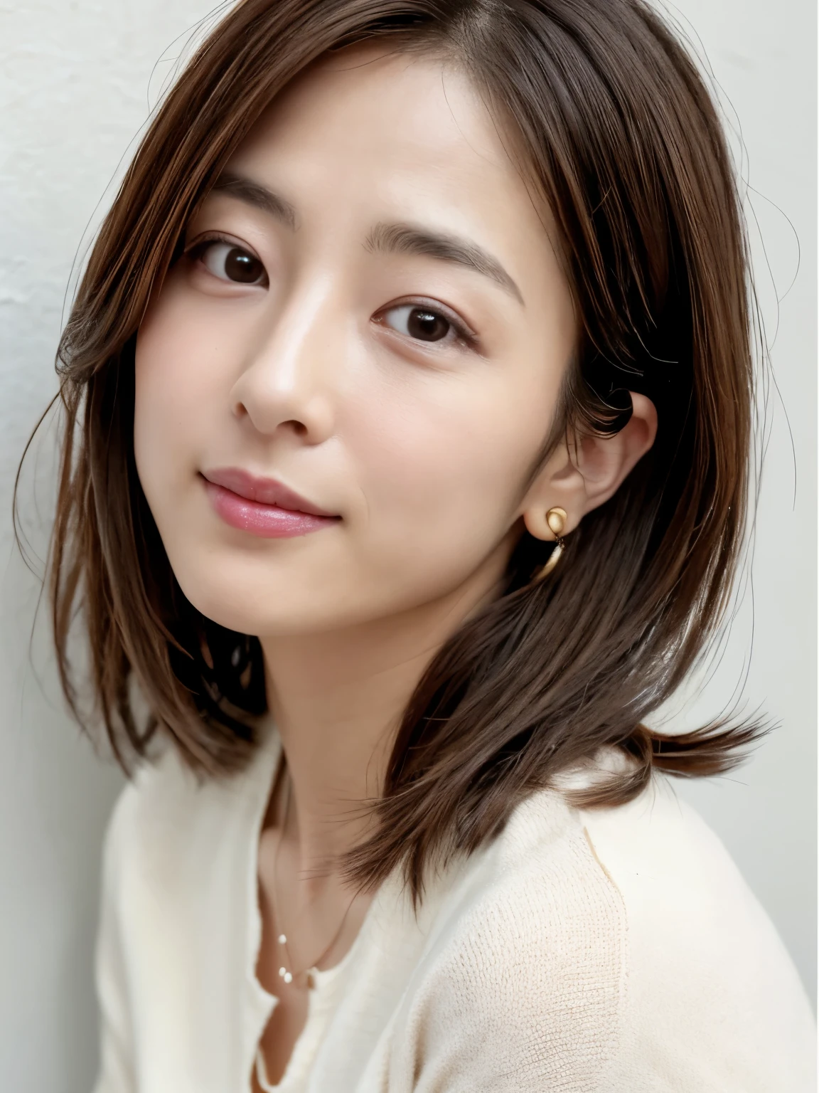 (Highly realistic photos, High resolution, detailed face, fine eyes), Taken in front of a white wall、japanese woman, 40 years old, Variety of facial expressions, alone:1, slim figure, different hairstyles, casual clothes, Alone in a photo、long sleeve dress、Shot in natural light、simple necklace、Spring clothes、Don't look at the camera、profile、Dark brown hair color