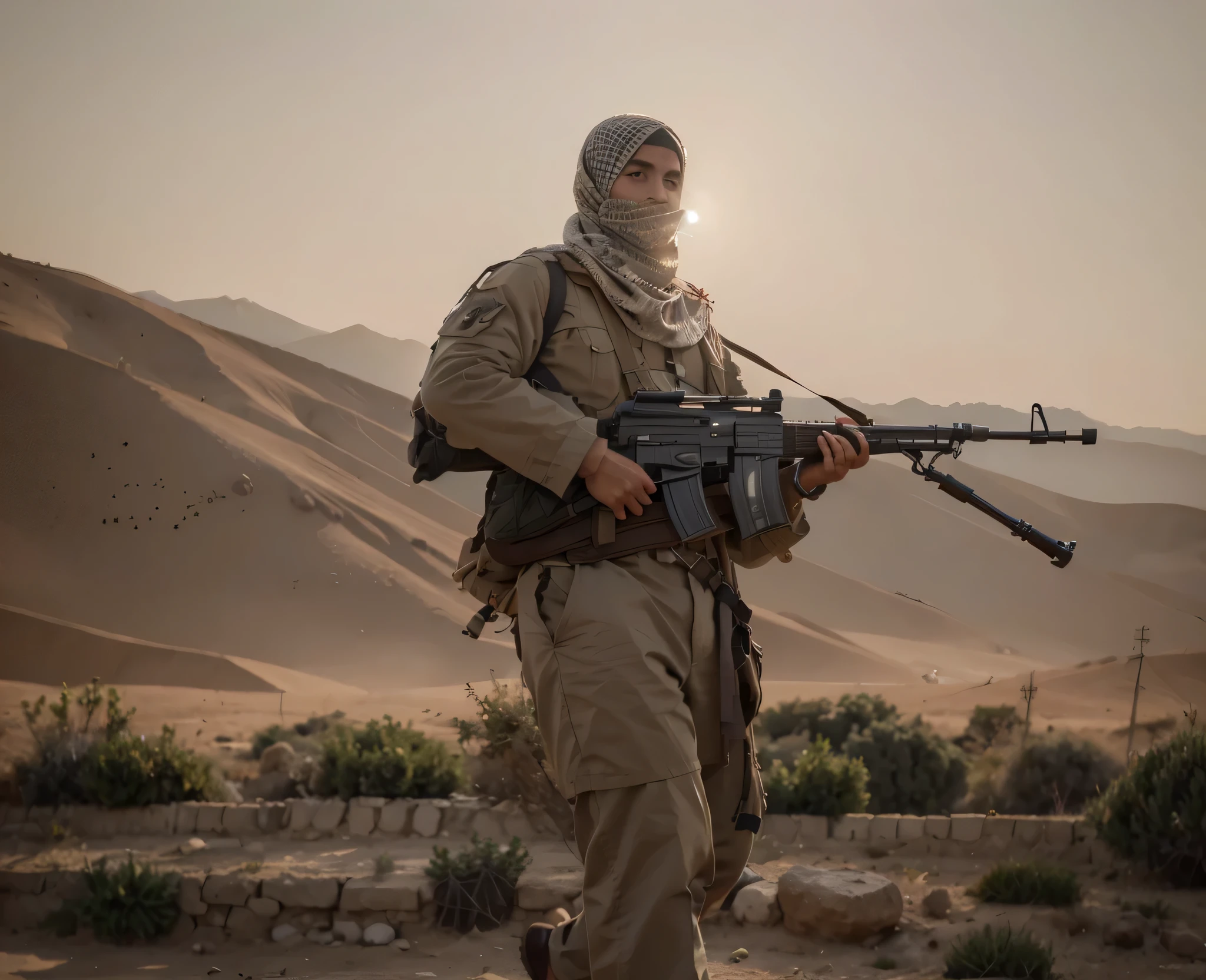 Soldado masculino, se cubre la cabeza con una keffiyeh, Tiene un hijab negro que le cubre todo el rostro., Soviet-style beige uniform, cinturones y arneses con municiones, lleva una ametralladora grande, he is in the mountains of the Middle East, 4k , ultra detallado image, Realista, muy detallado, perfect composition, gorgeous, Intrincadamente detallado, incredibly detailed, 8 k artistic photography, hiper detallado, obra maestra, ultra detallado, hyper Realista, 4k, ultra detallado image, Realista, muy detallado, perfect composition , hermoso, Intrincadamente detallado, incredibly detailed, 8K fine art photography, hiper detallado, obra maestra