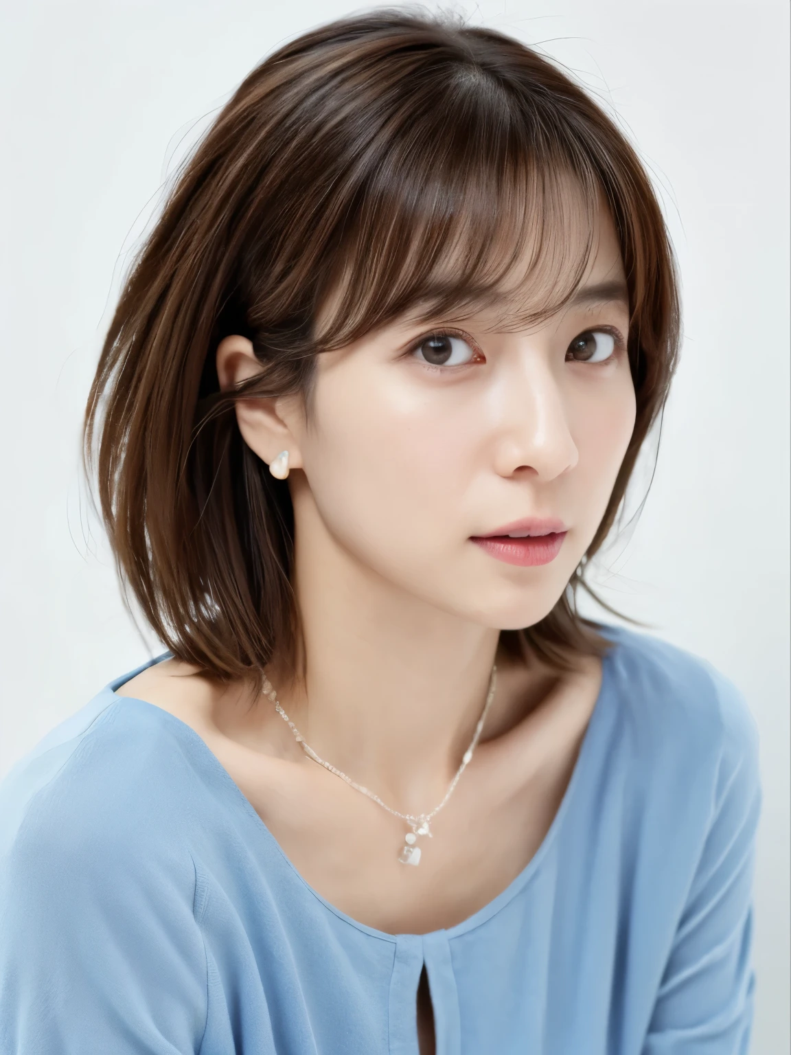 (Highly realistic photos, High resolution, detailed face, fine eyes), Taken in front of a white wall、japanese woman, 40 years old, Variety of facial expressions, alone:1, slim figure, different hairstyles, casual clothes, Alone in a photo、long sleeve dress、Shot in natural light、simple necklace、Spring clothes、Don't look at the camera、profile、Dark brown hair color