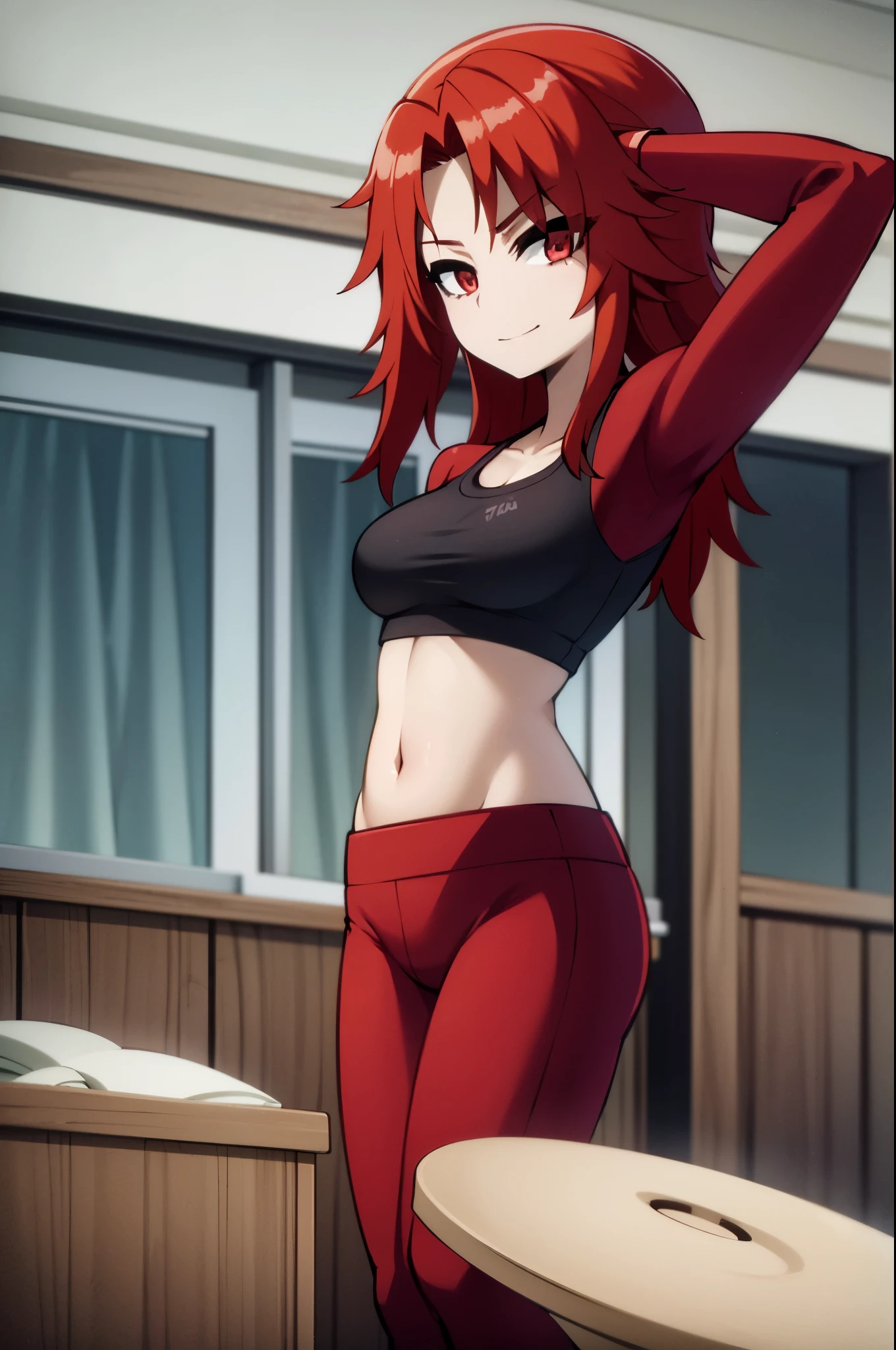 red hair,red eyes,masterpiece, best quality, photorealistic, yujiasuit, yoga sports bra, yoga pants, 1girl, solo, , yoga ball, pants, looking at viewer, smile, green sports bra, simple background, , midriff, long hair, breasts, green pants, sportswear, tank top, upper body,
