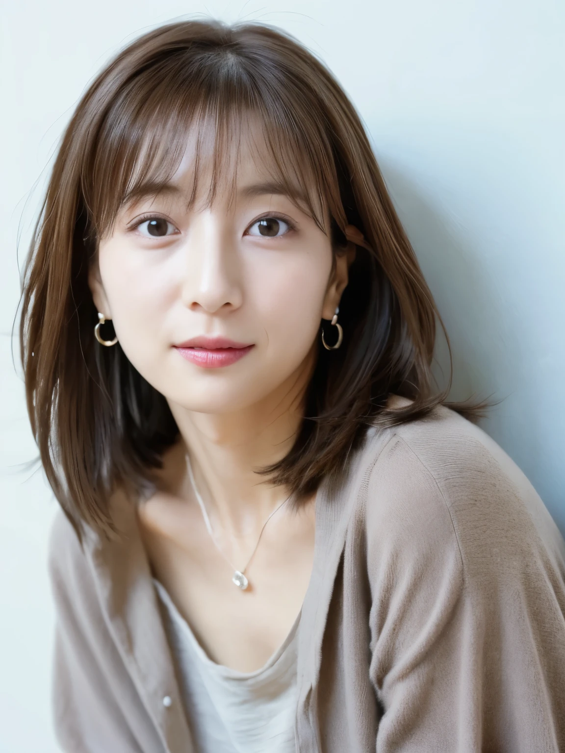 (Highly realistic photos, High resolution, detailed face, fine eyes), Taken in front of a white wall、japanese woman, 40 years old, Variety of facial expressions, alone:1, slim figure, different hairstyles, casual clothes, Alone in a photo、long sleeve dress、Shot in natural light、simple necklace、Spring clothes、Don't look at the camera、profile、Dark brown hair color