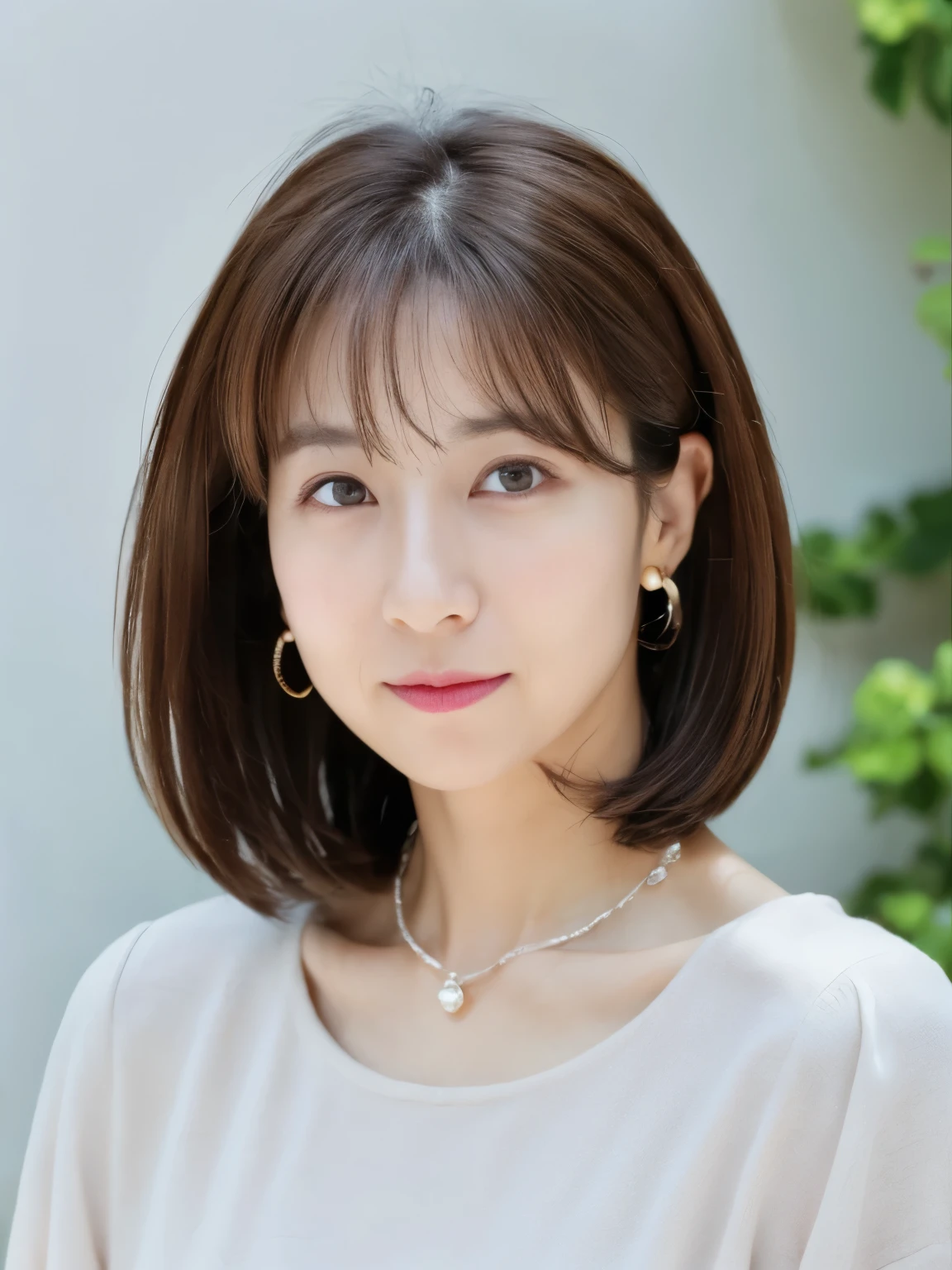 (Highly realistic photos, High resolution, detailed face, fine eyes), Taken in front of a white wall、japanese woman, 40 years old, Variety of facial expressions, alone:1, slim figure, different hairstyles, casual clothes, Alone in a photo、long sleeve dress、Shot in natural light、simple necklace、Spring clothes、Don't look at the camera、profile、Dark brown hair color