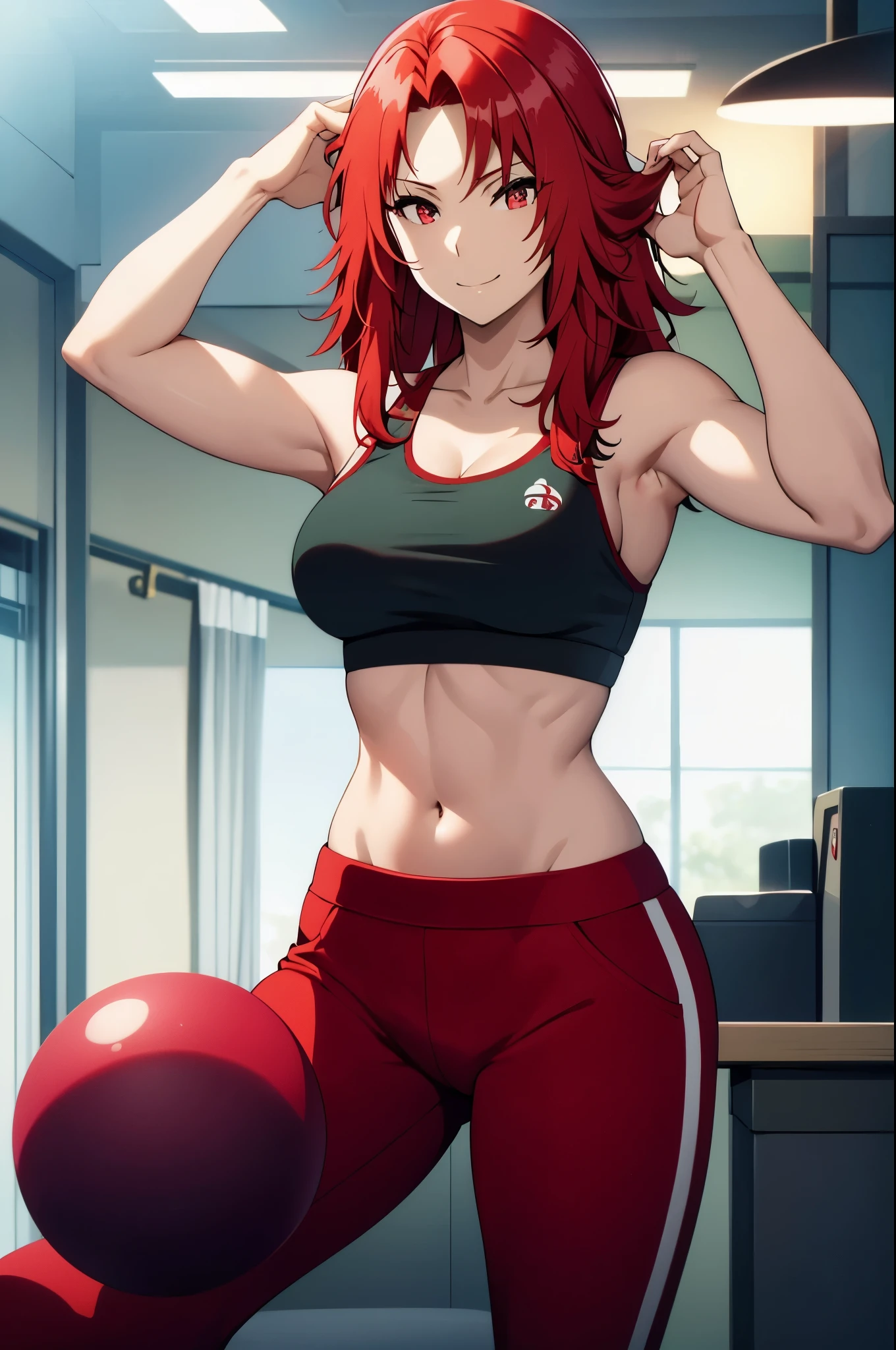 red hair,red eyes,masterpiece, best quality, photorealistic, yujiasuit, yoga sports bra, yoga pants, 1girl, solo, , yoga ball, pants, looking at viewer, smile, green sports bra, simple background, , midriff, long hair, breasts, green pants, sportswear, tank top, upper body,