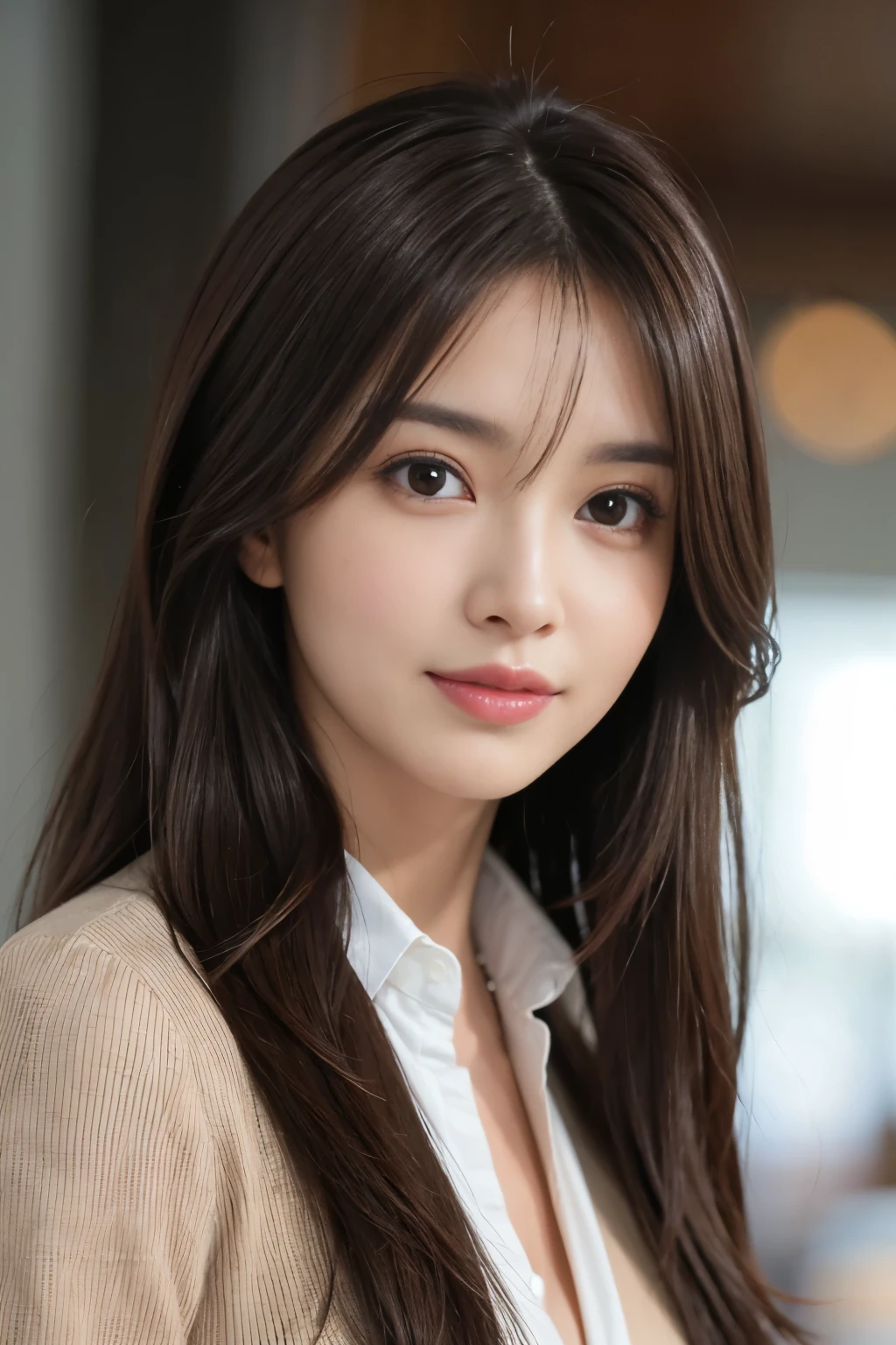 table top、highest quality、genuine、Super detailed、finely、High resolution、8k wallpaper、one beautiful woman、、、light brown disheveled hair、wearing a business suit、sharp focus、perfect dynamic composition、beautiful and detailed eyes、thin hair、詳細なgenuineな肌の質感、smile、close-up portrait、model body shape