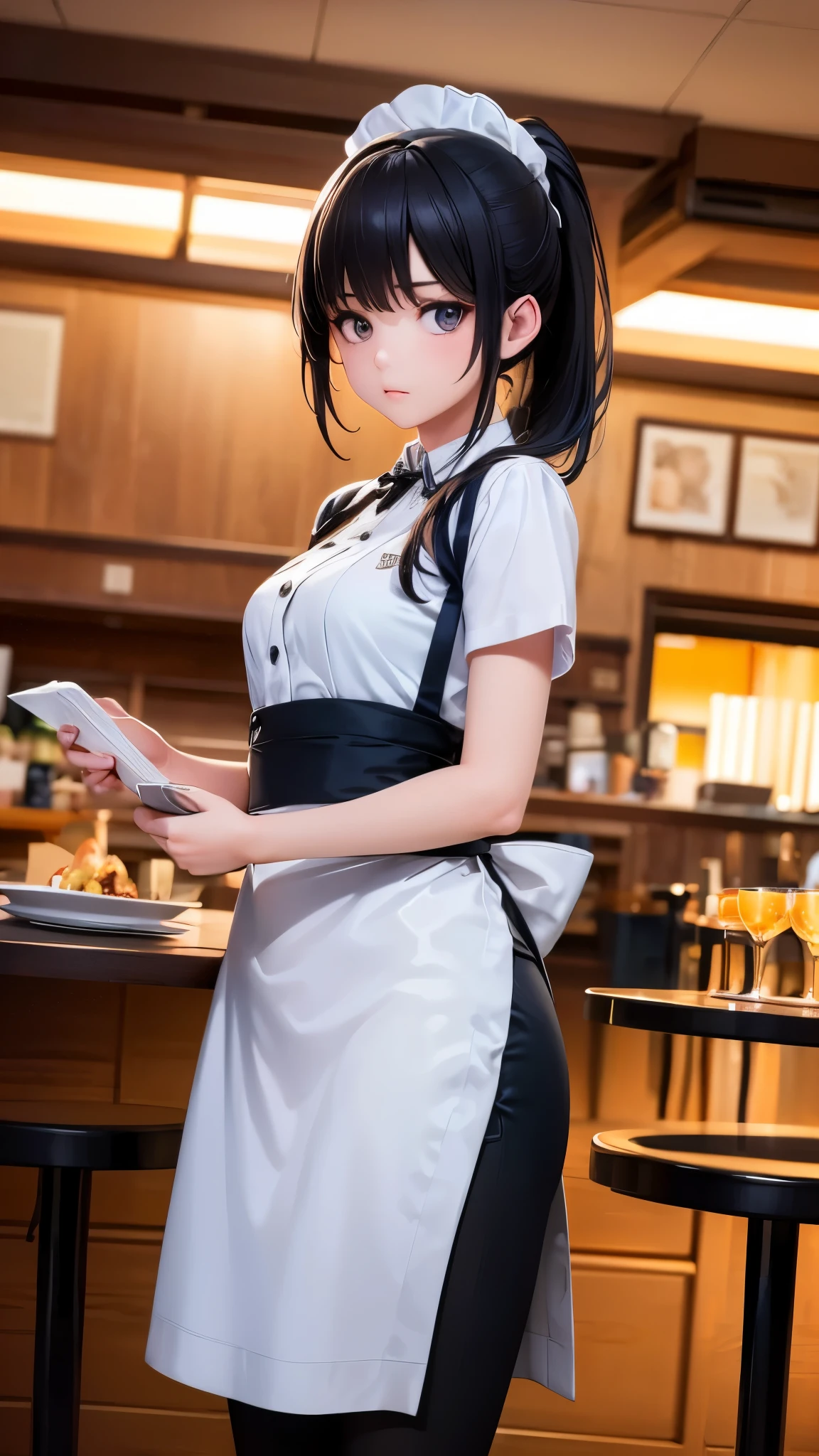masterpiece, highest quality, highly detailed illustrations, detailed beautiful face, perfect , photo-realistic, shoot from below,woman,high school student,stylish, low ponytail,droopy eyes,cute face,(waitress:1.4),Taking orders at a restaurant,Has a surprised look,
