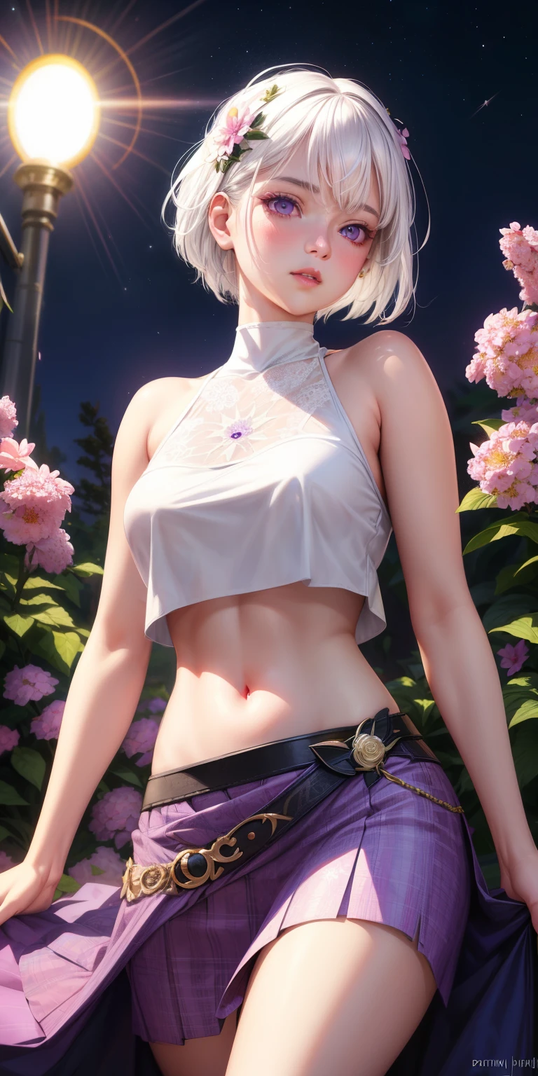 realistic, 1girl, white hair, purple eyes, glowing eyes, crop top, skirt, parted lips, blush, night, flowers, sun, sunlight,