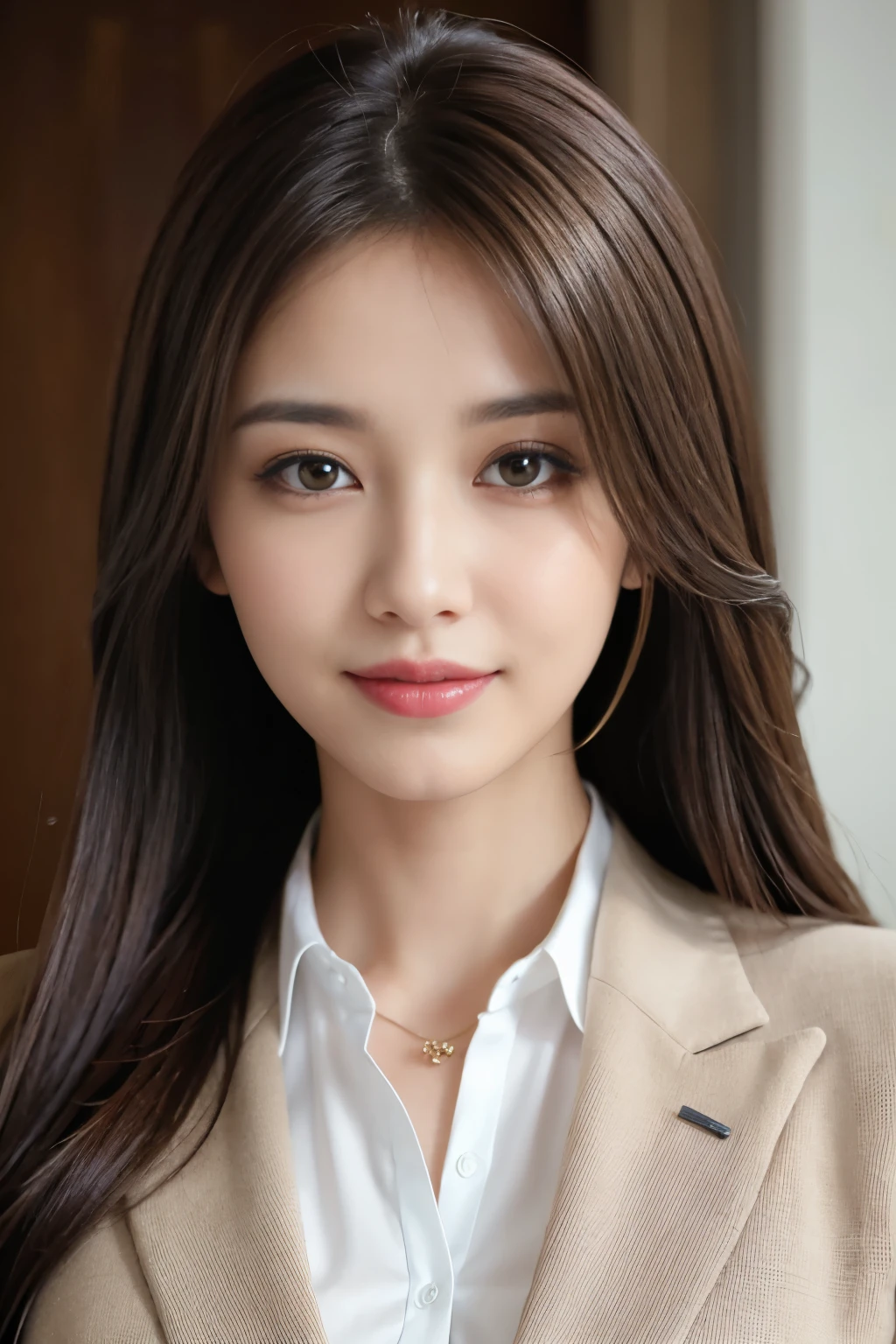 table top, highest quality, realistic, Super detailed, finely, High resolution, 8k wallpaper, 1 beautiful woman,, light brown messy hair, wearing a business suit, sharp focus, perfect dynamic composition, finelyて美しい目, thin hair, Detailed and realistic skin texture, smile, close-up portrait, model body shape