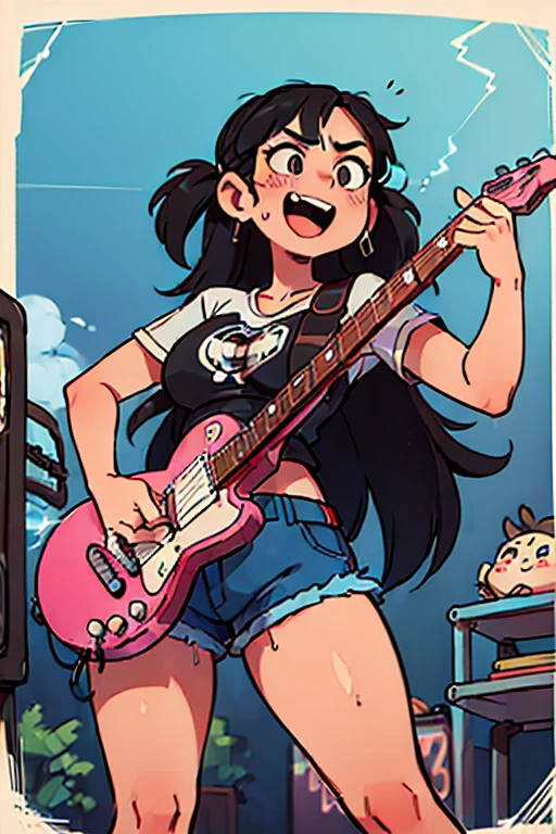 (1girl:1.5), motorhead, lemmy kilmister, masterpiece, best quality, best detail, best proportion, best anatomy, best face, best shaped breasts, very big breasts , big ass, (tall woman), (black long hair), ((female musician with electricbase guiter):1.3)), cowboy shot, pantyshot, smile, blush, stage(background), mic stand, ((singing and playing electric base guiter):1.4), ((too sweaty):1.1), heavy metal musician, torn clothes,