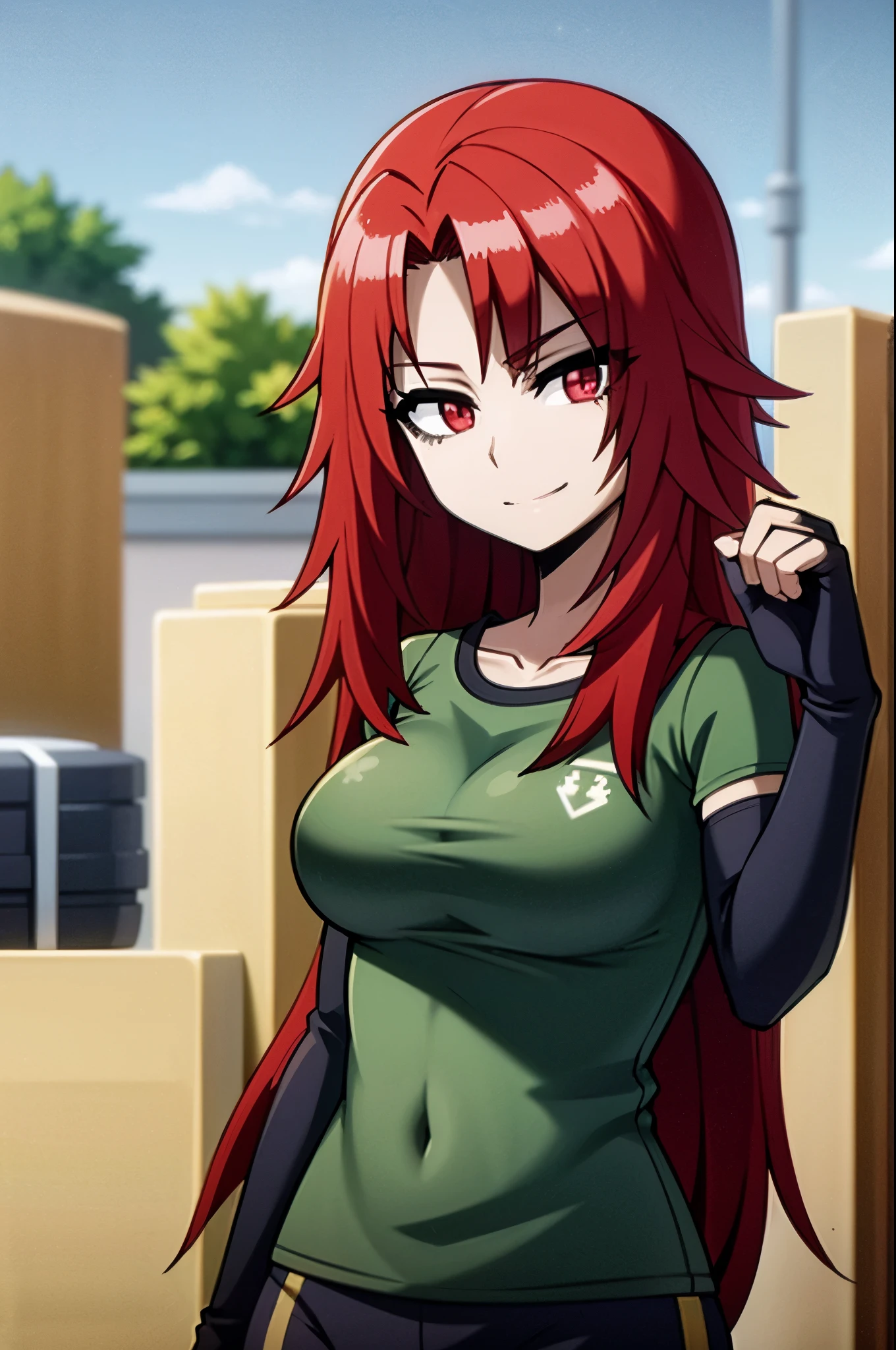 red hair,red eyes,masterpiece, best quality, photorealistic, yujiasuit, yoga sports bra, yoga pants, 1girl, solo, , yoga ball, pants, looking at viewer, smile, green sports bra, simple background, , midriff, long hair, breasts, green pants, sportswear, tank top, upper body,