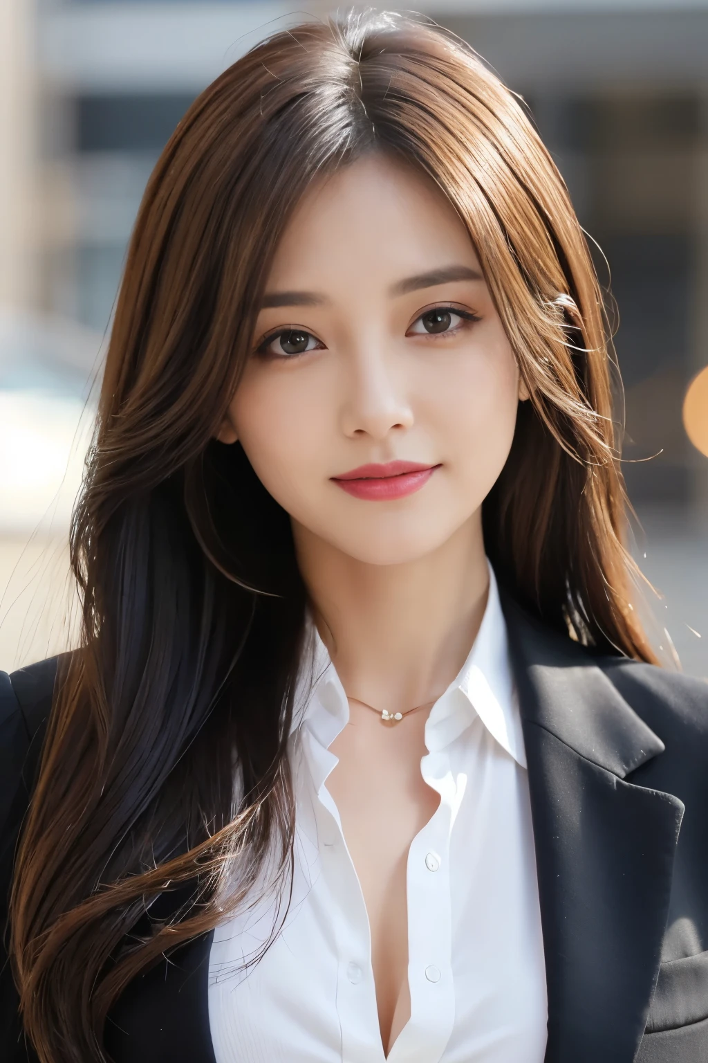 table top、highest quality、genuine、Super detailed、finely、High resolution、8k wallpaper、one beautiful woman、、、light brown disheveled hair、wearing a business suit、sharp focus、perfect dynamic composition、beautiful and detailed eyes、thin hair、詳細なgenuineな肌の質感、smile、close-up portrait、model body shape