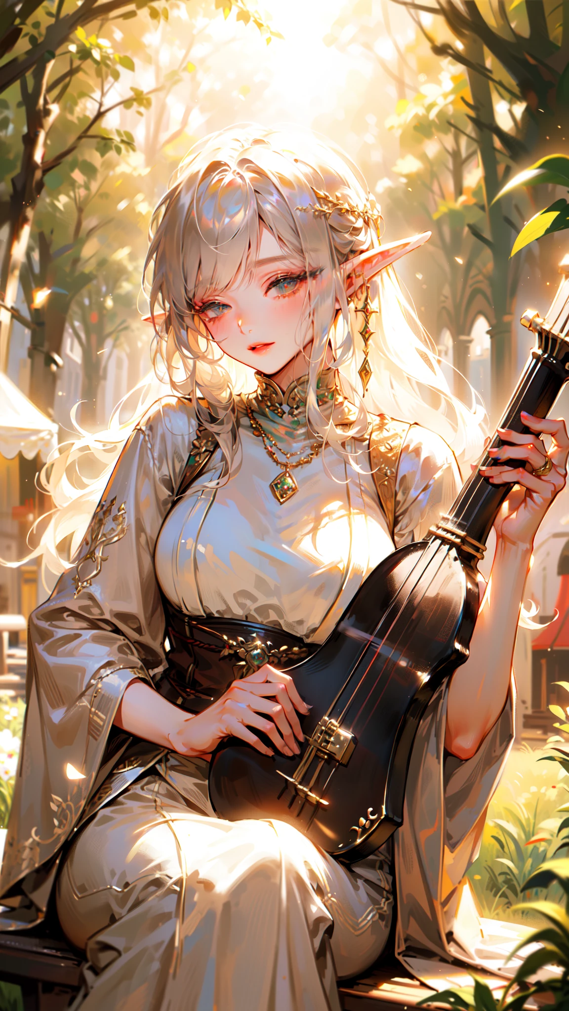 ((masterpiece)), (top quality), (best quality), ((ultra-detailed, 8k quality)), Cinematic lighting, Volumetric lighting, (detailed line art), absurdres, (best composition), (high-resolution), Aesthetics, serene mood, (a graceful gorgeous young elf woman, sitting cross-legged as she plays a lute instrument the crowd),  ((pretty and elegant)), (((playing a lute musical instrument))), ((performing music while sitting outdoors at a (medieval:1.3) spring festival)), ((graceful physique)), medium breasts, (elegant black silk shimmering cocktail dress with gold embroidery), cheerful spring lighting, (outdoors at the crowded village festival), ((people in background field of flowers and tents medieval Europe style)), celebration!, depth of field, sharp focus,
BREAK,
highly detailed of ((elf:1.4)), (1girl), solo, perfect face, details eye, hair Bun, (hime cut, bangs:1.2), (white shining hair:1.2),((blindfolded, eyes closed)), (beautiful detailed eyelashes, eyeshadow, pink eyeshadow),  gentle smile, Concept art by Mikimoto Haruhiko, by Kawacy, By Yoshitaka Amano,