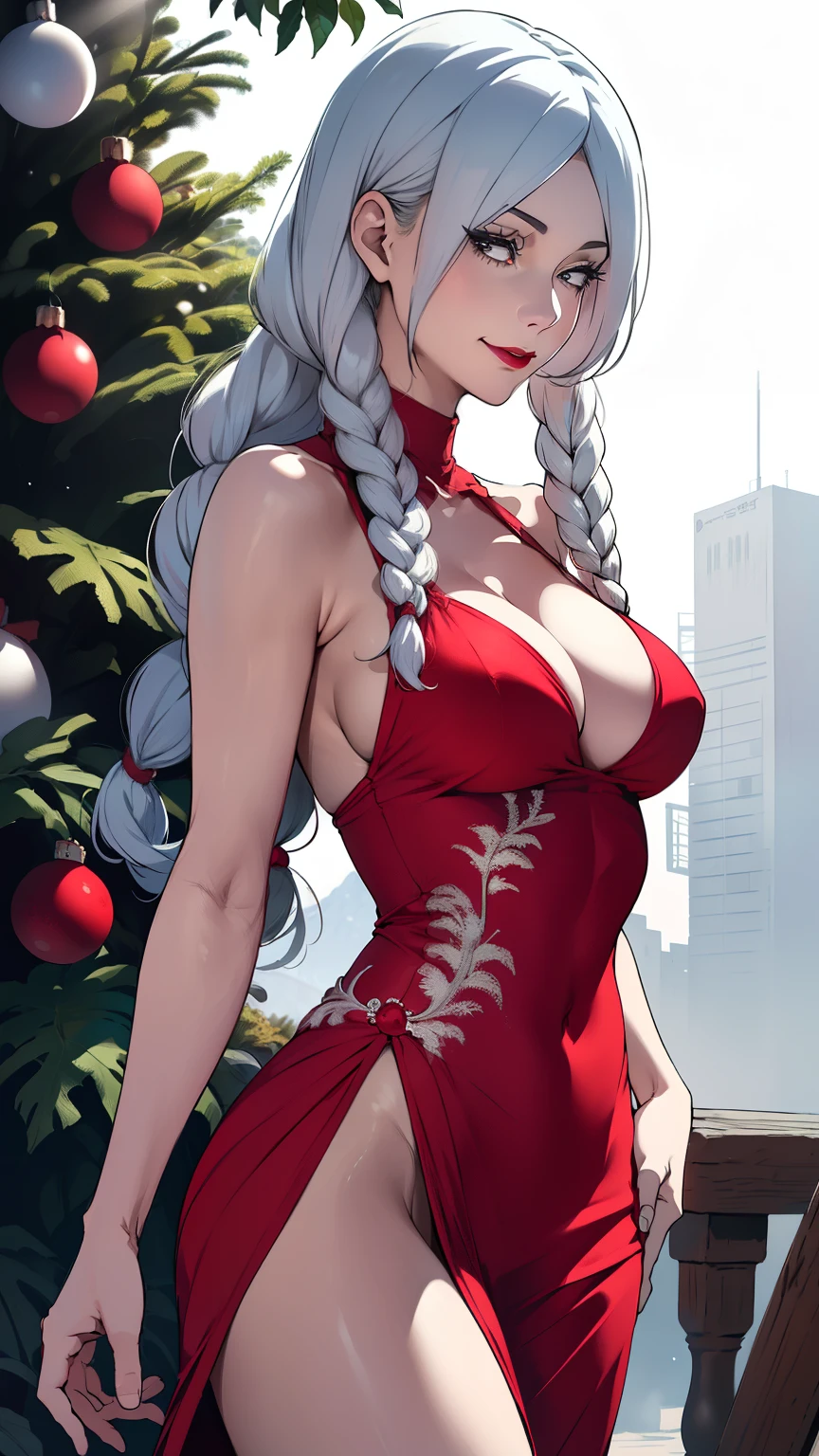 {-erro_de_anatomia:1.0} ultra realistic 8k cg, masterpiece, ((ultra detailed background, delicate pattern, intricate detail)), (highly detailed, fine detailest quality, 1girl, (photorealistic:1.4),beautiful lighting, absurdres, RAW photo, film grain, ((medium breasts, slim girl)), 1girl, MeiMei, solo, long hair, braid, dress, hair over one eye, smile, braided bangs, braided ponytail, white hair, , holding, makeup, grey hair, red lips, one eye covered, lipstick, parted lips, single braid, (complex detailed background, outside, environment, cowboy shot, from behind), black dress, Mei Mei from Jujutsu Kaisen, S, CHRISTMAS bikini, RED bikini, BIG , CLEAVAGE, BIG CLEAVAGE, CHRISTMAS bikini, white clothes, meimei (jujutsu kaisen), christmas dress, red dress, red dress with big cleavage, christmas lingerie, bare chest, smirk