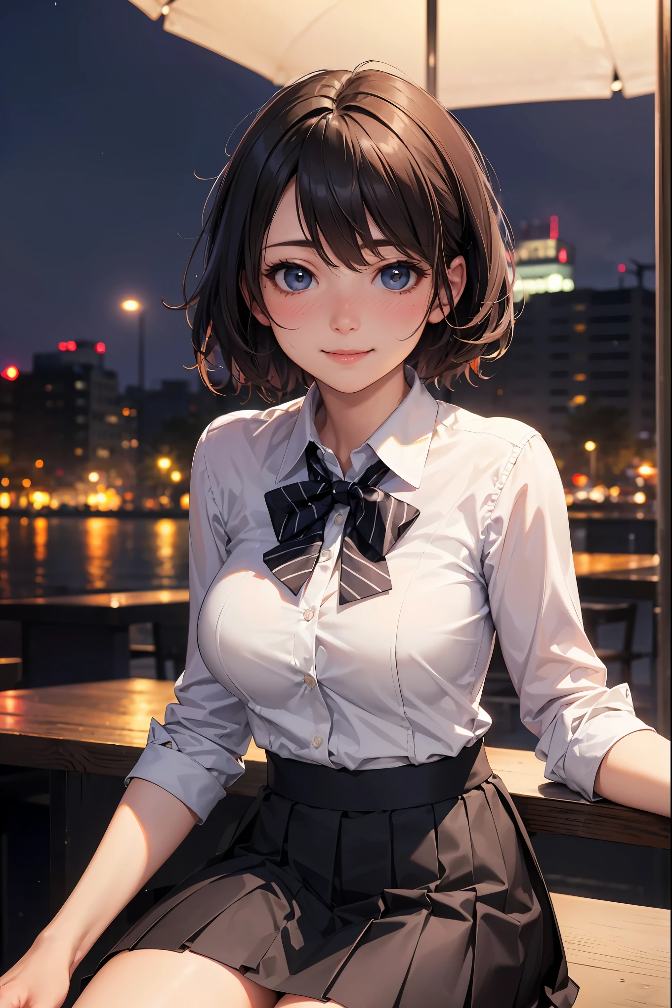 (8k, RAW photo, best quality, masterpiece:1.2), (realistic, photo-realistic:1.37), ultra-detailed,
1 girl,cute, solo,beautiful detailed sky,detailed cafe,night,sitting,dating,(nose blush),(smile:1.1),(closed mouth),large breasts, seductive smile, large aparture, professional lighting, Sony A7R4, Zessie 50mm F1.8,
medium breasts,beautiful detailed eyes,(collared shirt:1.1), bowtie,pleated skirt,(short hair:1.2),floating hair 