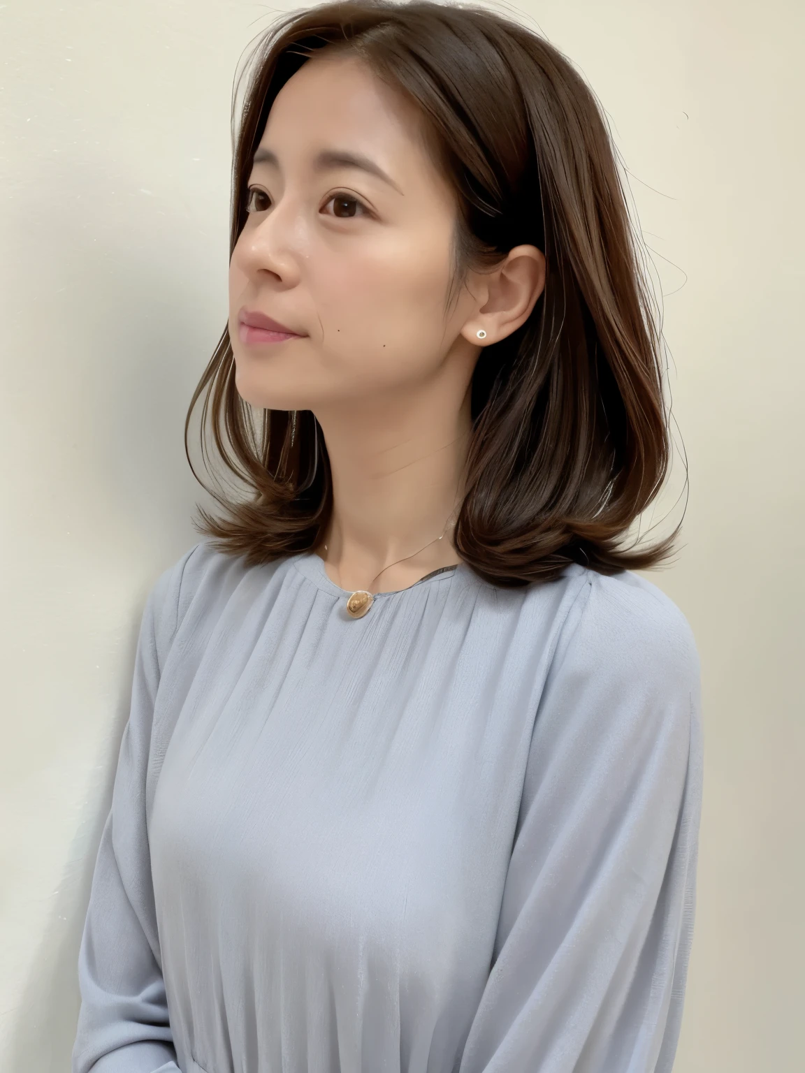 (Highly realistic photos, High resolution, detailed face, fine eyes), Taken in front of a white wall、japanese woman, 40 years old, Variety of facial expressions, alone:1, slim figure, different hairstyles, casual clothes, Alone in a photo、long sleeve dress、Shot in natural light、simple necklace、Spring clothes、Don't look at the camera、profile、Dark brown hair color