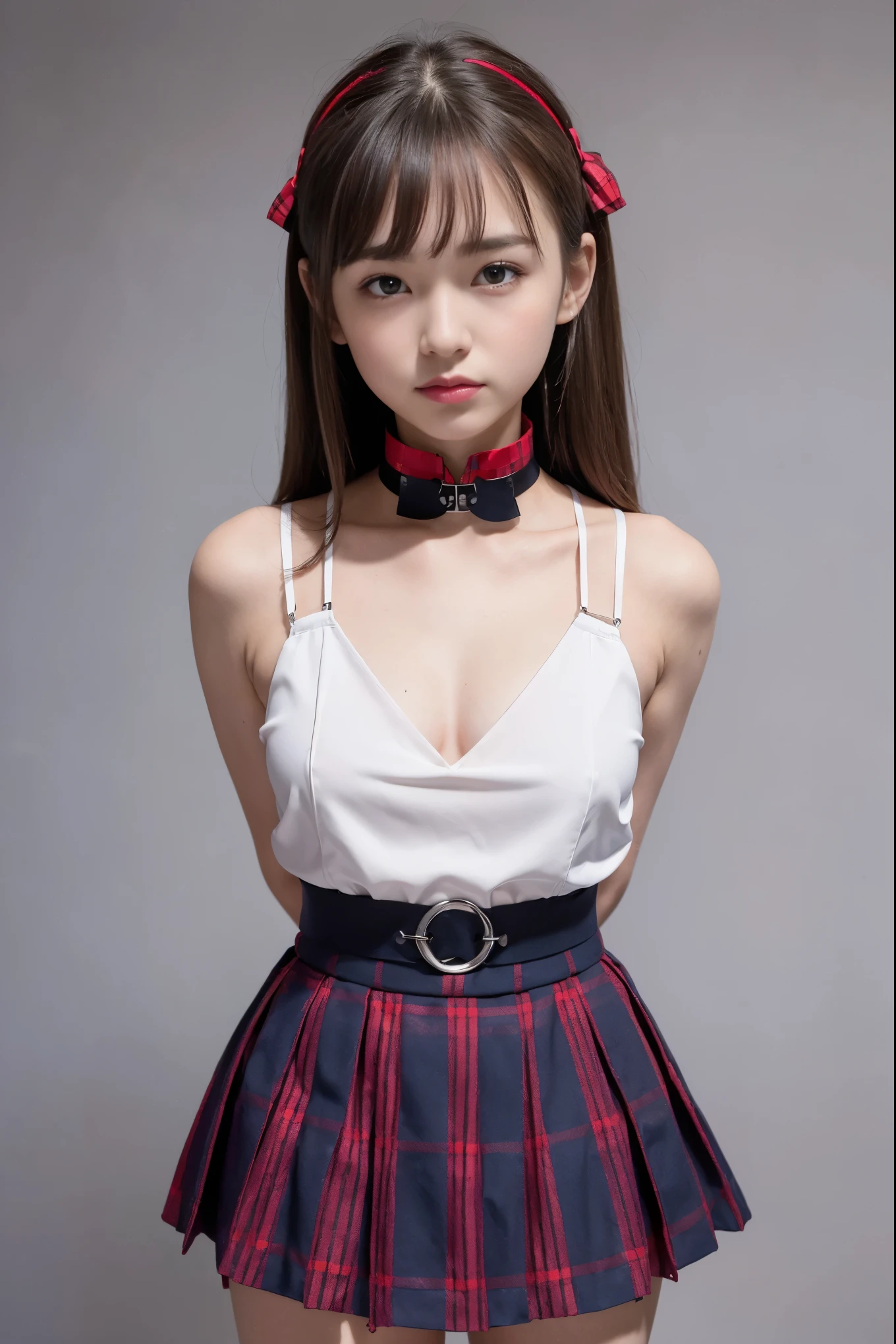 (8x_NMKD-Superscale_150000_G),(8K, Super high quality,highest quality),(masterpiece:1.5),(girls),(18 years old),(arms behind back:1.5),(iron collar:1.5),red plaid bow tie,red bra,Red plaid pleated mini skirt,dark blue socks