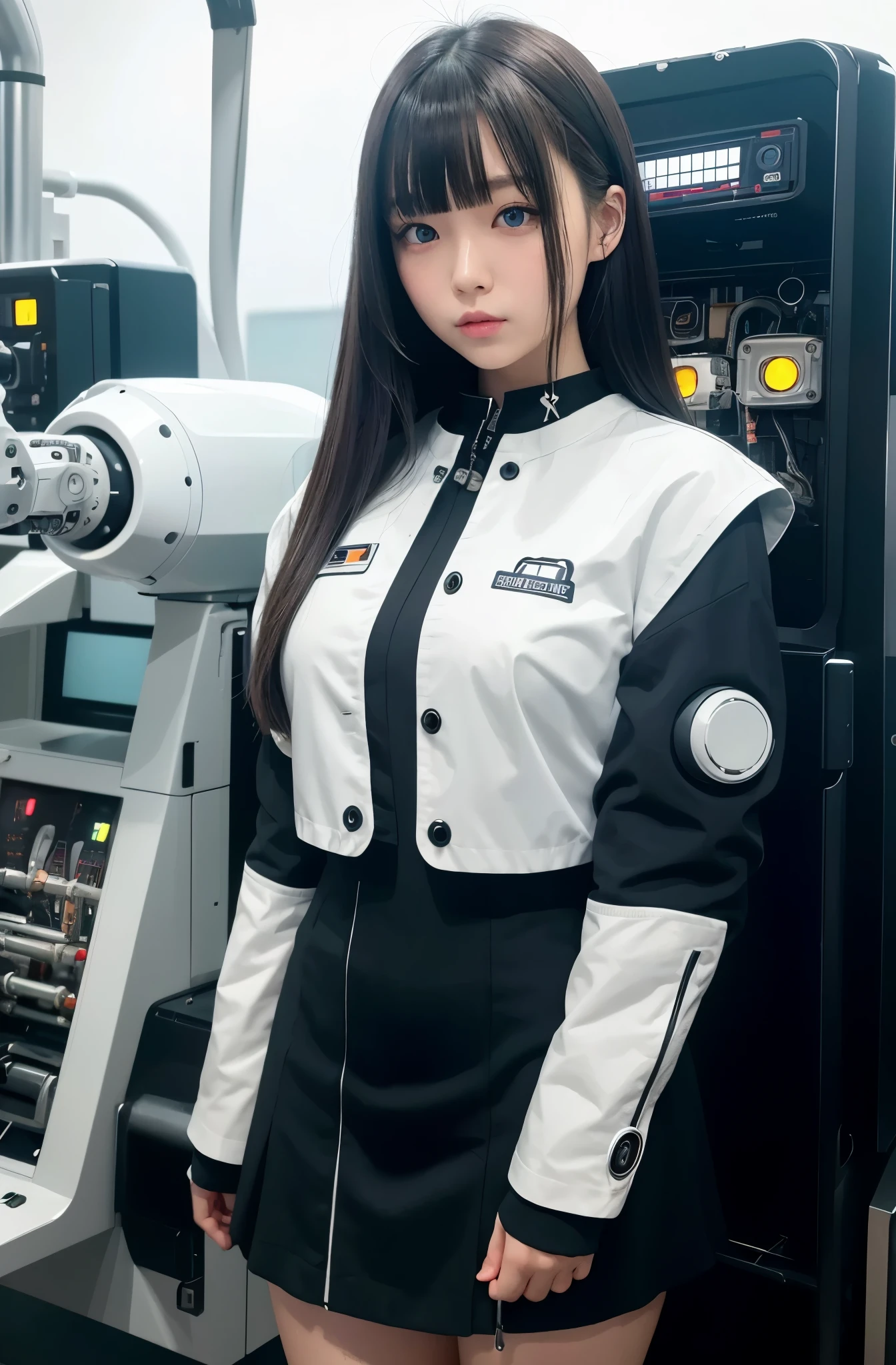 masterpiece, best quality, extremely detailed, Japaese android girl,Plump , control panels,android,Droid,Mechanical Hand, Robot arms and legs, Black hair,Blunt bangs,perfect robot girl,long tube,thick cable connected her neck,android,robot,humanoid,cyborg,japanese cyborg girl ,future laboratory,connecting a cable between the legs,skirt, high socks,blue eyes