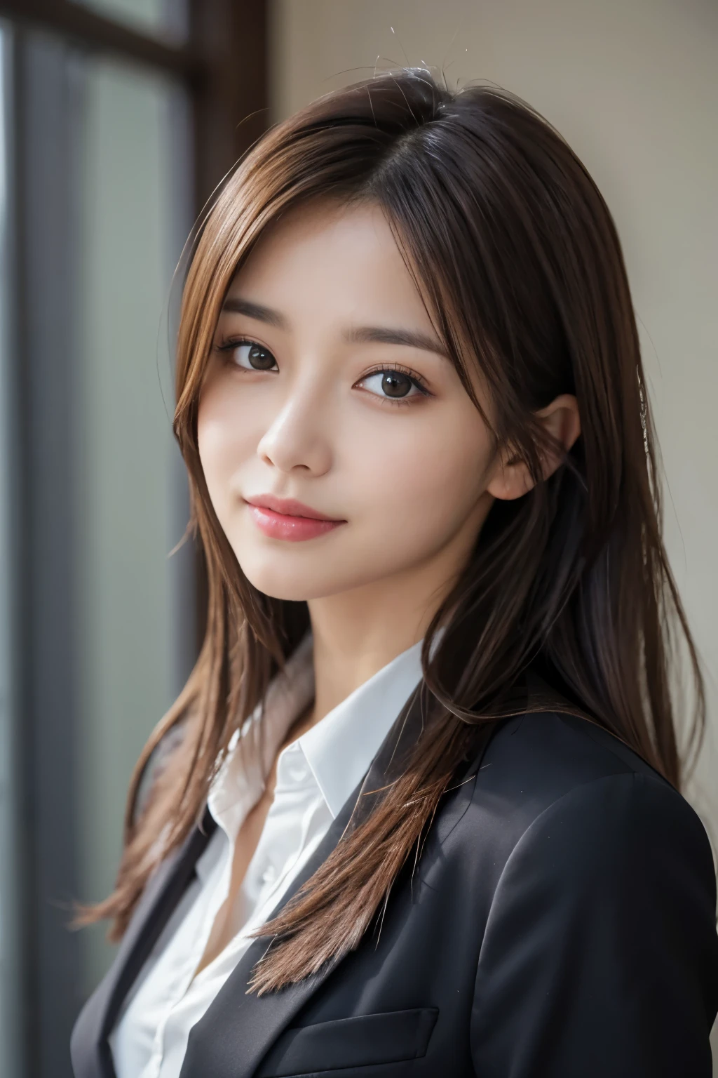 table top、highest quality、genuine、Super detailed、finely、High resolution、8k wallpaper、one beautiful woman、、、light brown disheveled hair、wearing a business suit、sharp focus、perfect dynamic composition、beautiful and detailed eyes、thin hair、詳細なgenuineな肌の質感、smile、close-up portrait、model body shape