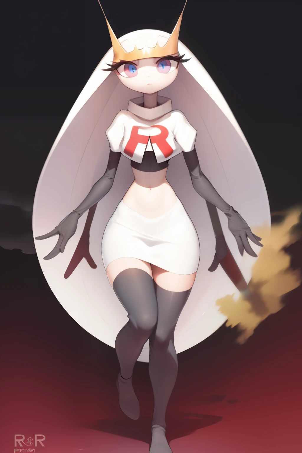 pheromosa, furry female, anthro, segmented body, long hair, solo, (best quality),dramatic lighting,  looking at viewer, 2 fingersteam rocket,team rocket uniform,white skirt,crop top,black thigh-highs,black elbow gloves
