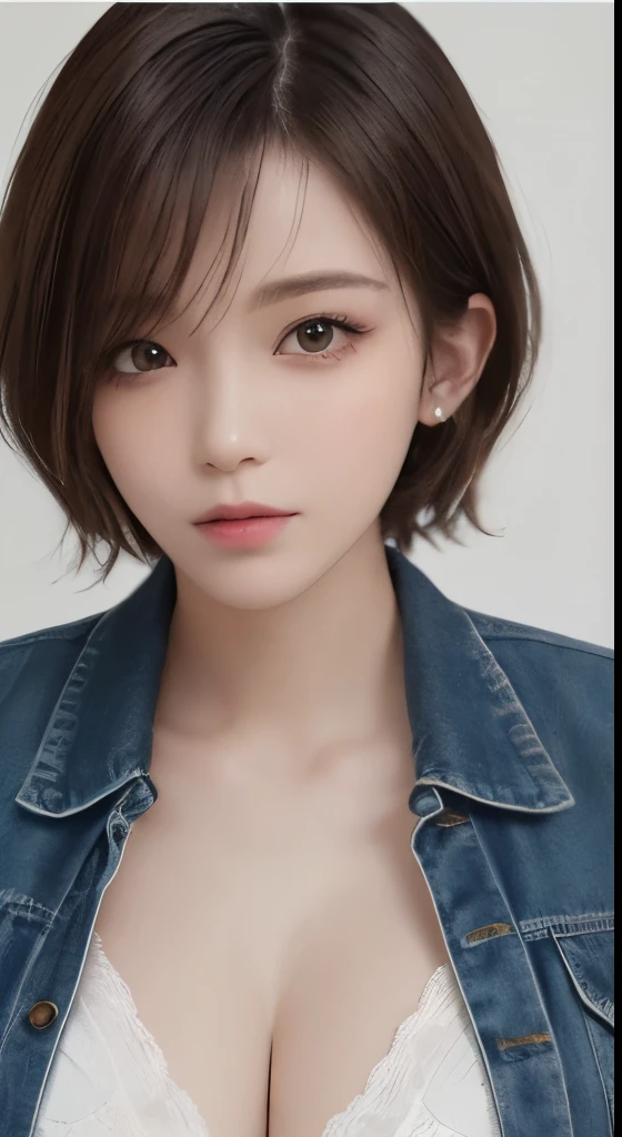 (masterpiece), (Highest image quality), 8K resolution, Super detailed, Super detailed, realism, realism,looking at the camera、30 years old mature woman、no makeup、Detailed beautiful eyes、short hair、dark brown hair、Bust B Cup、small breasts、、cool pose、provocative pose、sexy、Gray background、