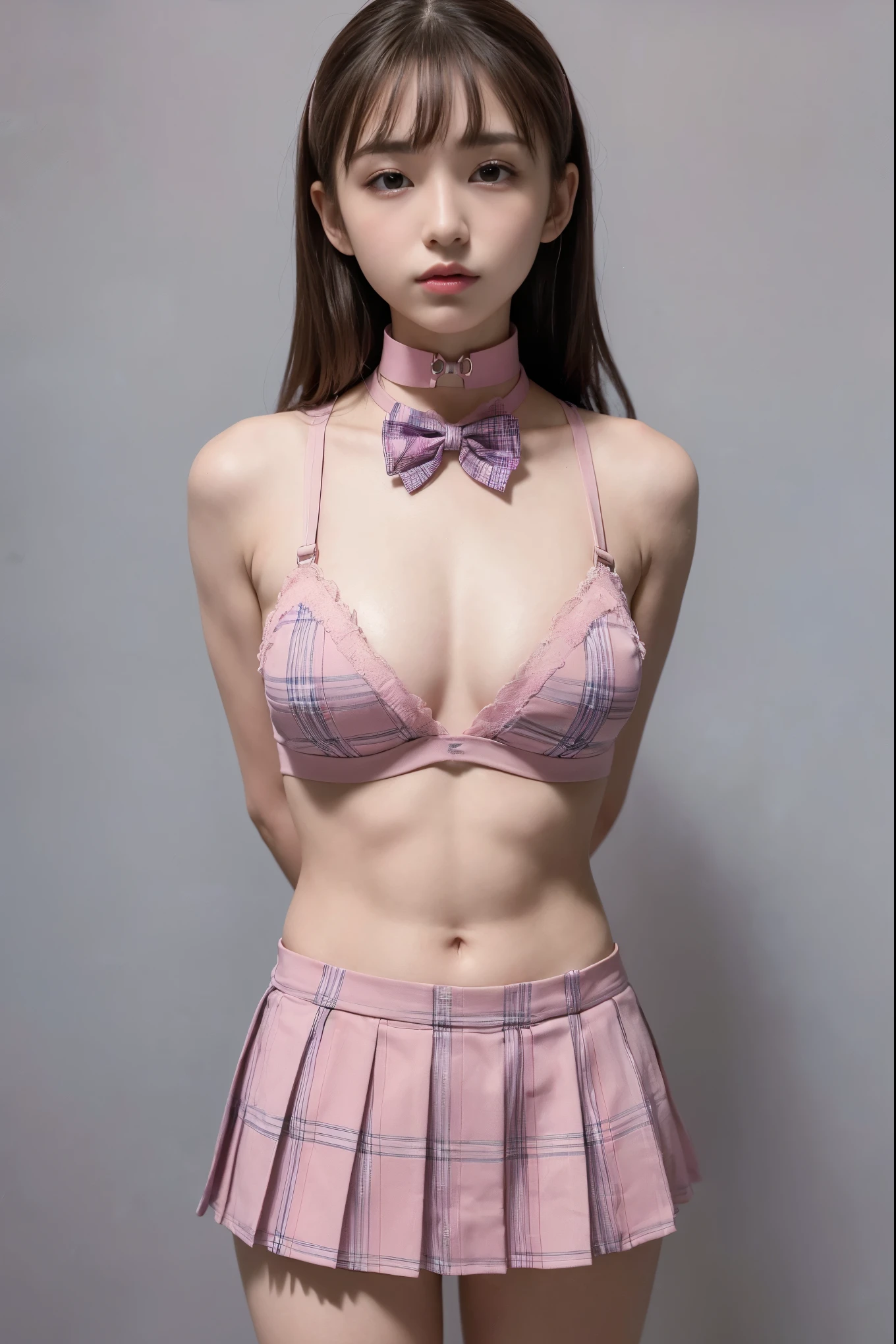 (8x_NMKD-Superscale_150000_G),(8K, Super high quality,highest quality),(masterpiece:1.5),(girls),(18 years old),(arms behind back:1.5),(iron collar:1.5),pink plaid bow tie,pink bra,Pink plaid pleated mini skirt,dark blue socks