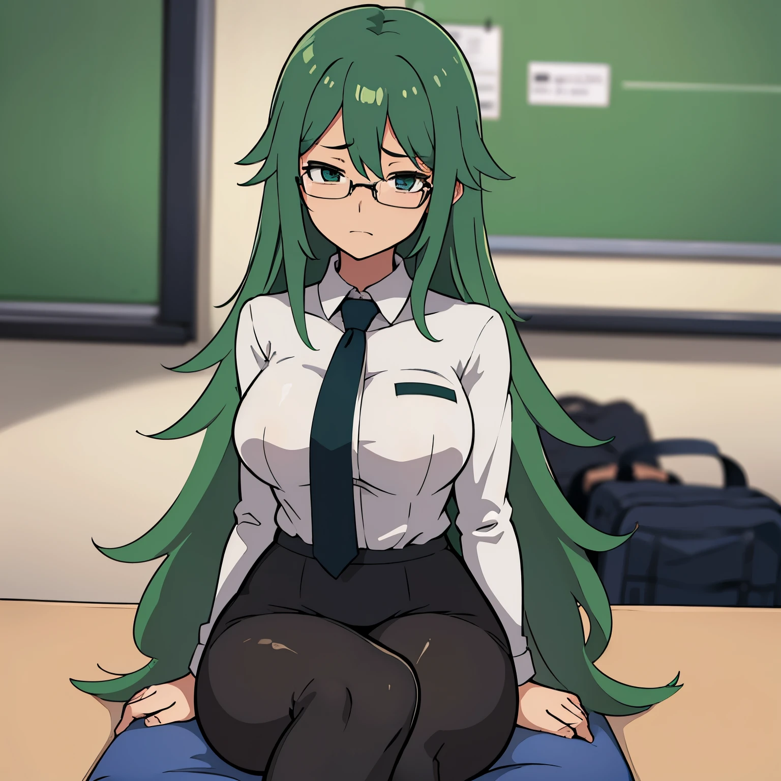 Anime illustration of a girl with long green hair., He wears glasses and wears a uniform and is inside a classroom sitting in a classroom. ella esta muy sonrojada. Ella tiene muslos largos y lleva medias sexys..
