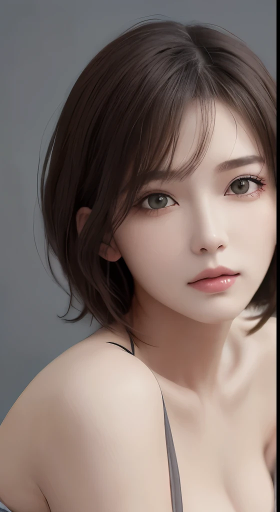 (masterpiece), (Highest image quality), 8K resolution, Super detailed, Super detailed, realism, realism,30 years old mature woman、no makeup、Detailed beautiful eyes、short hair、dark brown hair、Bust B Cup、small breasts、、cool pose、provocative pose、Gray background、