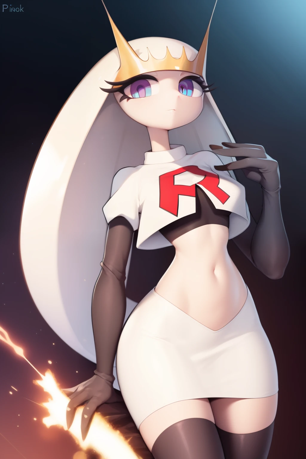 pheromosa, furry female, anthro, segmented body, long hair, solo, (best quality),dramatic lighting,  looking at viewer, 2 fingersteam rocket,team rocket uniform,white skirt,crop top,black thigh-highs,black elbow gloves