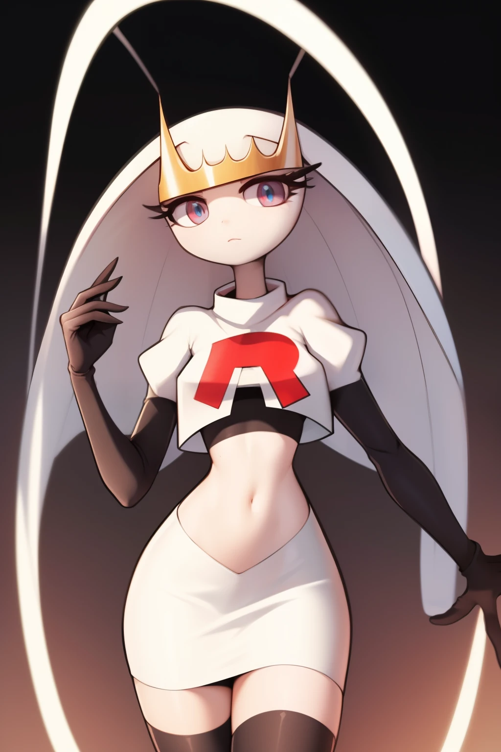 pheromosa, furry female, anthro, segmented body, long hair, solo, (best quality),dramatic lighting,  looking at viewer, 2 fingersteam rocket,team rocket uniform,white skirt,crop top,black thigh-highs,black elbow gloves