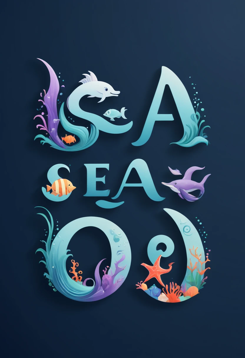 Logo "seaArt", text "seaArt", magical letter-shaped animals, magical sea creatures, font Design, txt says "seaArt"
