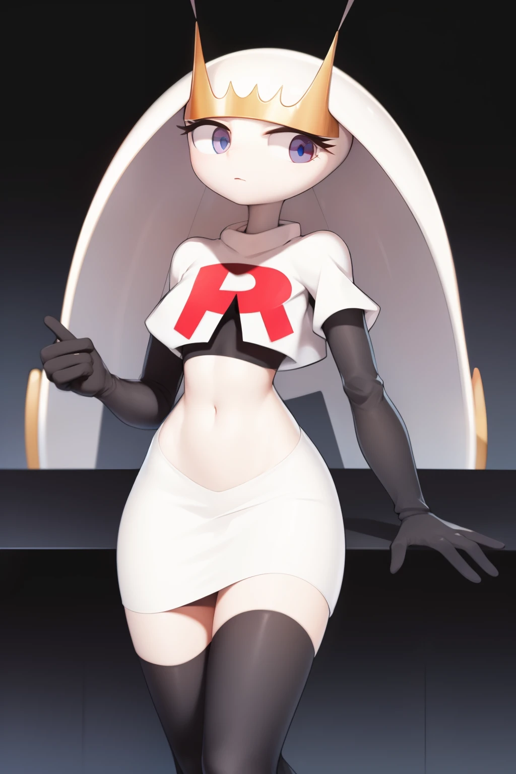 pheromosa, furry female, anthro, segmented body, long hair, solo, (best quality),dramatic lighting, looking at viewer, 2 fingersteam rocket,team rocket uniform,white skirt,crop top,black thigh-highs,black elbow gloves