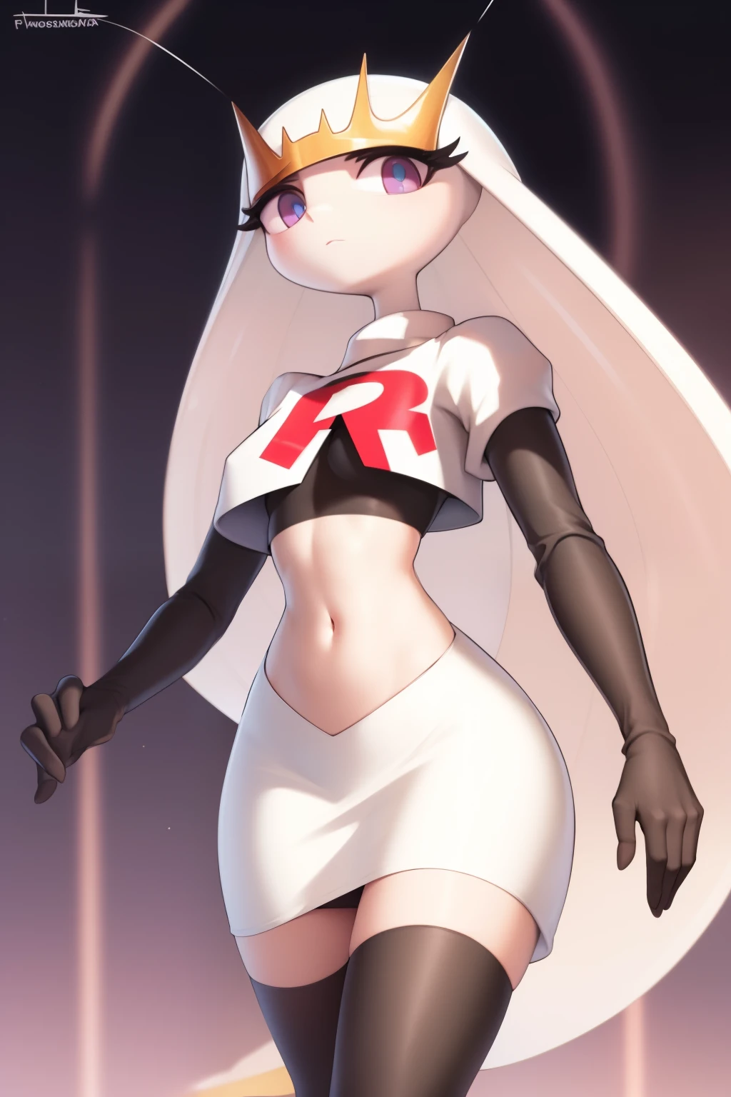 pheromosa, furry female, anthro, segmented body, long hair, solo, (best quality),dramatic lighting, looking at viewer, 2 fingersteam rocket,team rocket uniform,white skirt,crop top,black thigh-highs,black elbow gloves
