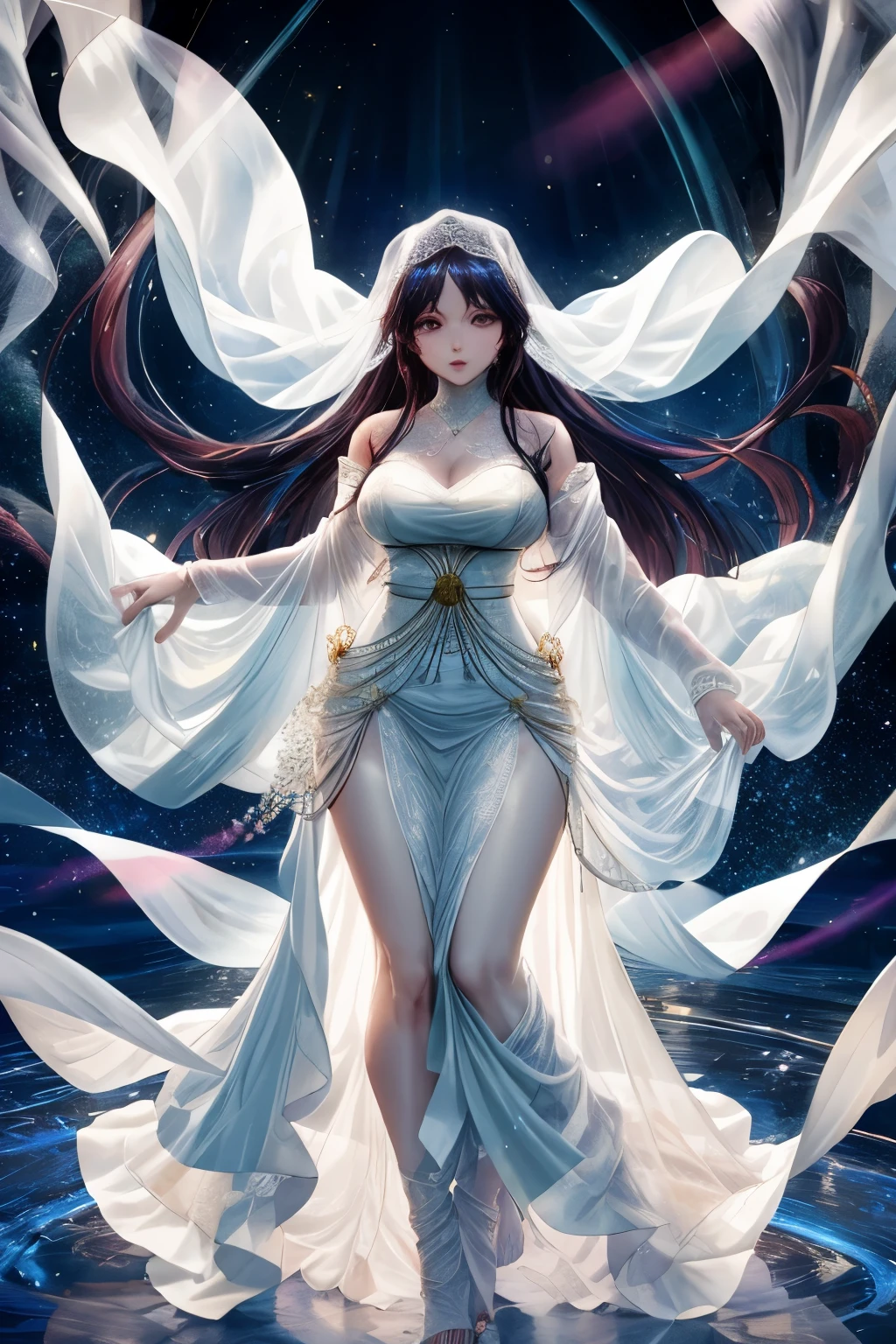 arafed image of a woman in a wedding dress with a veil, beautiful flowing fabric, draped in flowing fabric, endless flowing ethereal drapery, flowing fabric, long flowing fabric, flowing gown, jingna zhang, ethereal beauty, flowing white robes, white gown, wedding dress, flower goddess, a beautiful woman in white, draped in transparent cloth