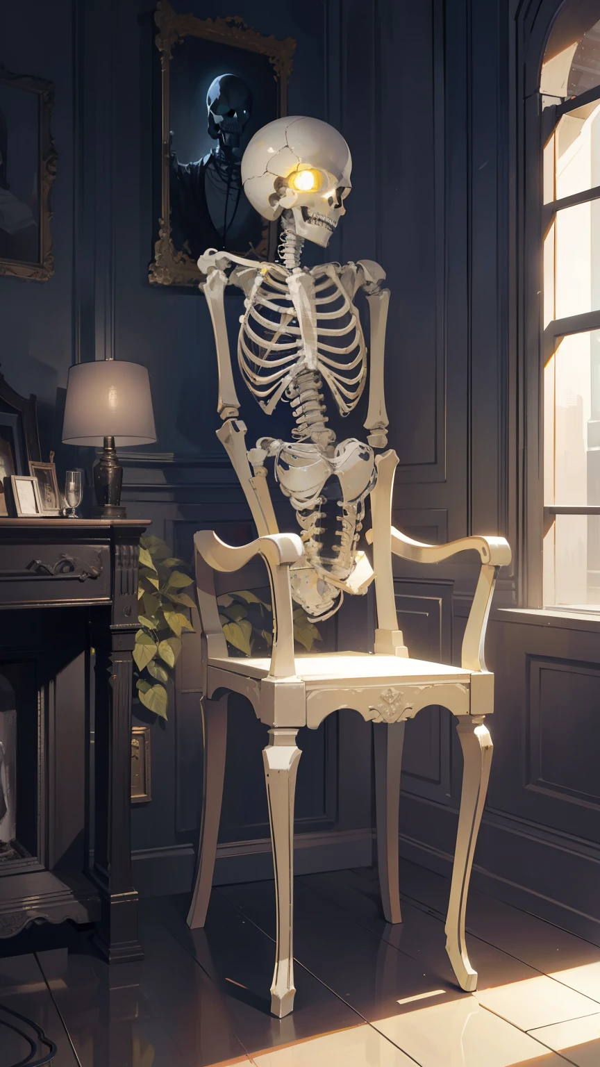 Masterpiece, best quality, 1 humanoid robot, robotic figure focus, solo, An intricately designed human skeleton robot, sitting comfortably on an old, worn-out chair, its bony fingers gently clutching a yellow Nokia mobile phone. The robot's hollow, dark eyes seemed to flicker with a faint, artificial glow. Its screws and wires were visible underneath the faded, dusty paint. The screen of the Nokia phone emitted a warm, yellow light, casting long, jagged shadows on the floor. The room around was dimly lit, with the faintest hint of blue from the overhead bulb.