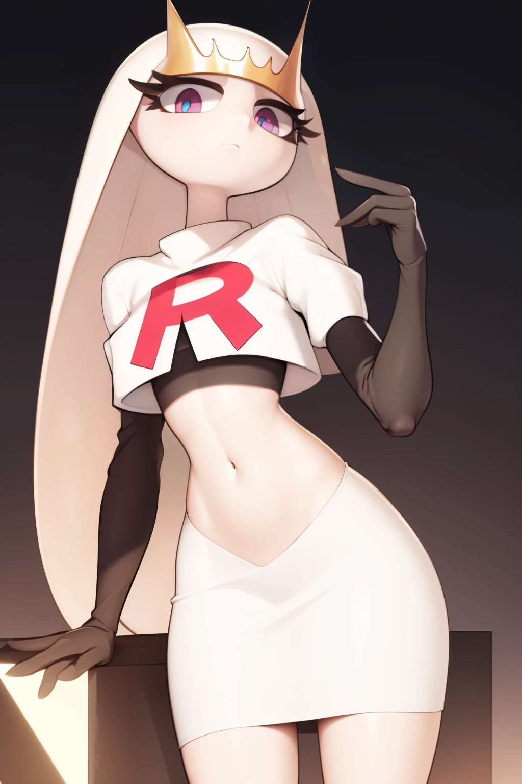 pheromosa, furry female, anthro, segmented body, long hair, solo, (best quality),dramatic lighting, looking at viewer, 2 fingersteam rocket,team rocket uniform,white skirt,crop top,black thigh-highs,black elbow gloves