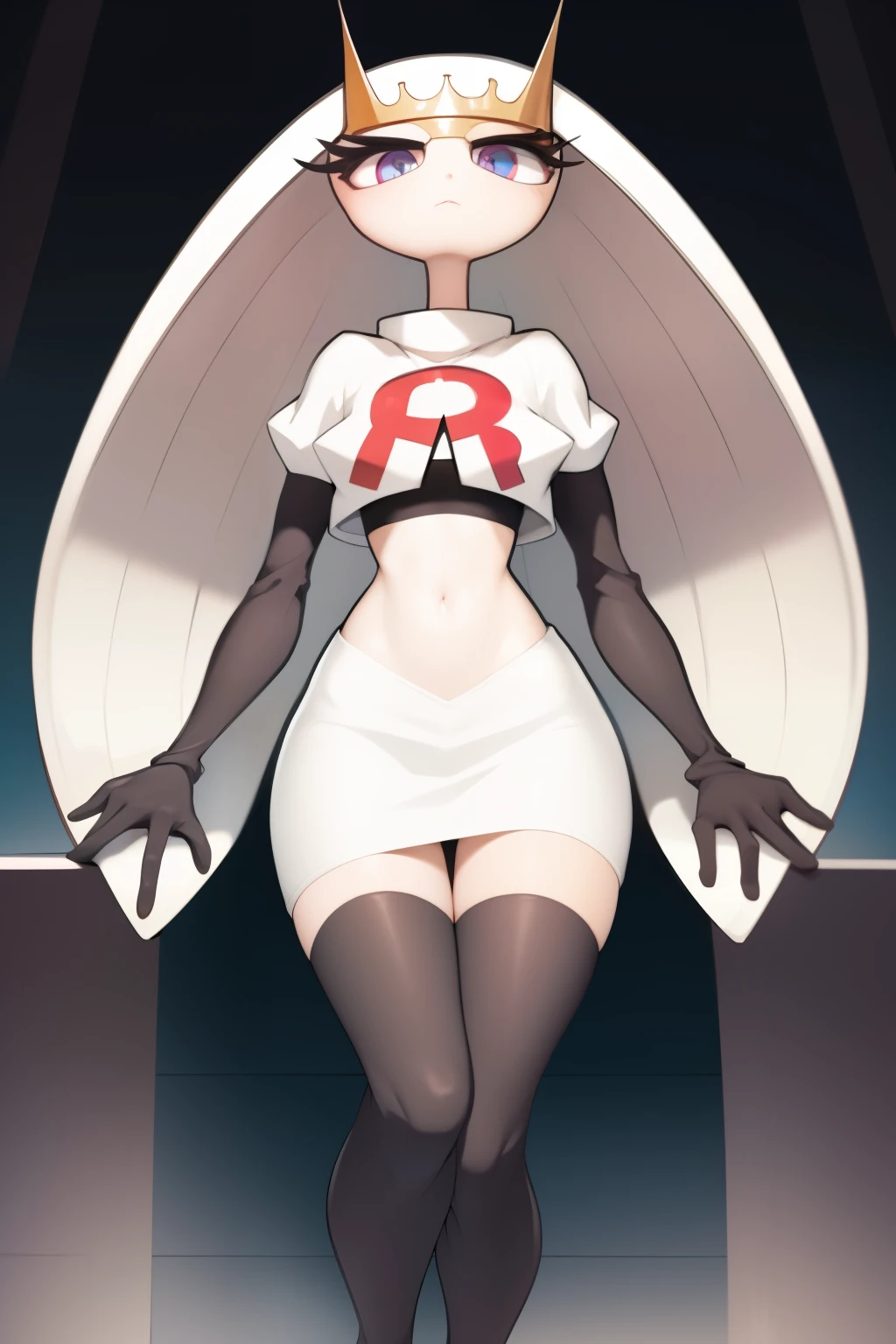 pheromosa, furry female, anthro, segmented body, long hair, solo, (best quality),dramatic lighting, looking at viewer, 2 fingersteam rocket,team rocket uniform,white skirt,crop top,black thigh-highs,black elbow gloves
