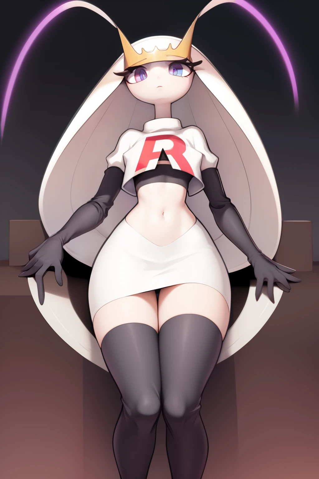 pheromosa, furry female, anthro, segmented body, long hair, solo, (best quality),dramatic lighting,  looking at viewer, 2 fingersteam rocket,team rocket uniform,white skirt,crop top,black thigh-highs,black elbow gloves