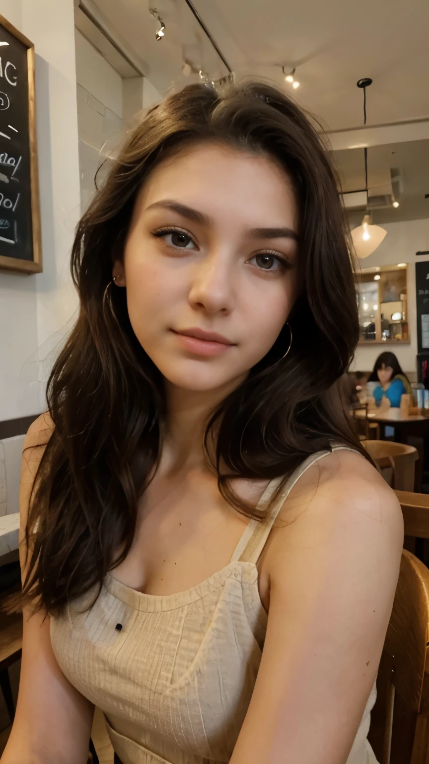 Photo of a 20-year-old brunette woman, Have a very natural face, thin lips, thin eyes, Thin eyebrows, thin nose, earrings, long eyelashes. She took a cute selfie in a cafe