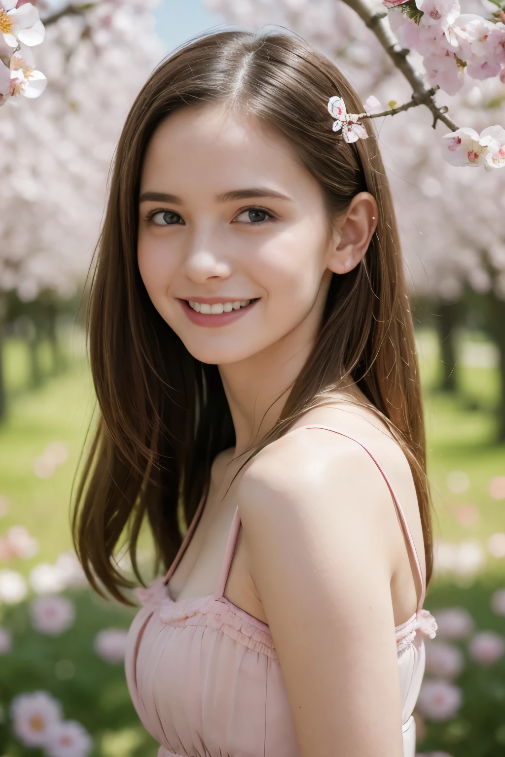 Masterpiece, Best quality, 8k, 18 ans, Photo brute, absurdes, Award-winning portrait, sourire, sourire, pure, french, pink dress, spring, , orchard in bloom, German